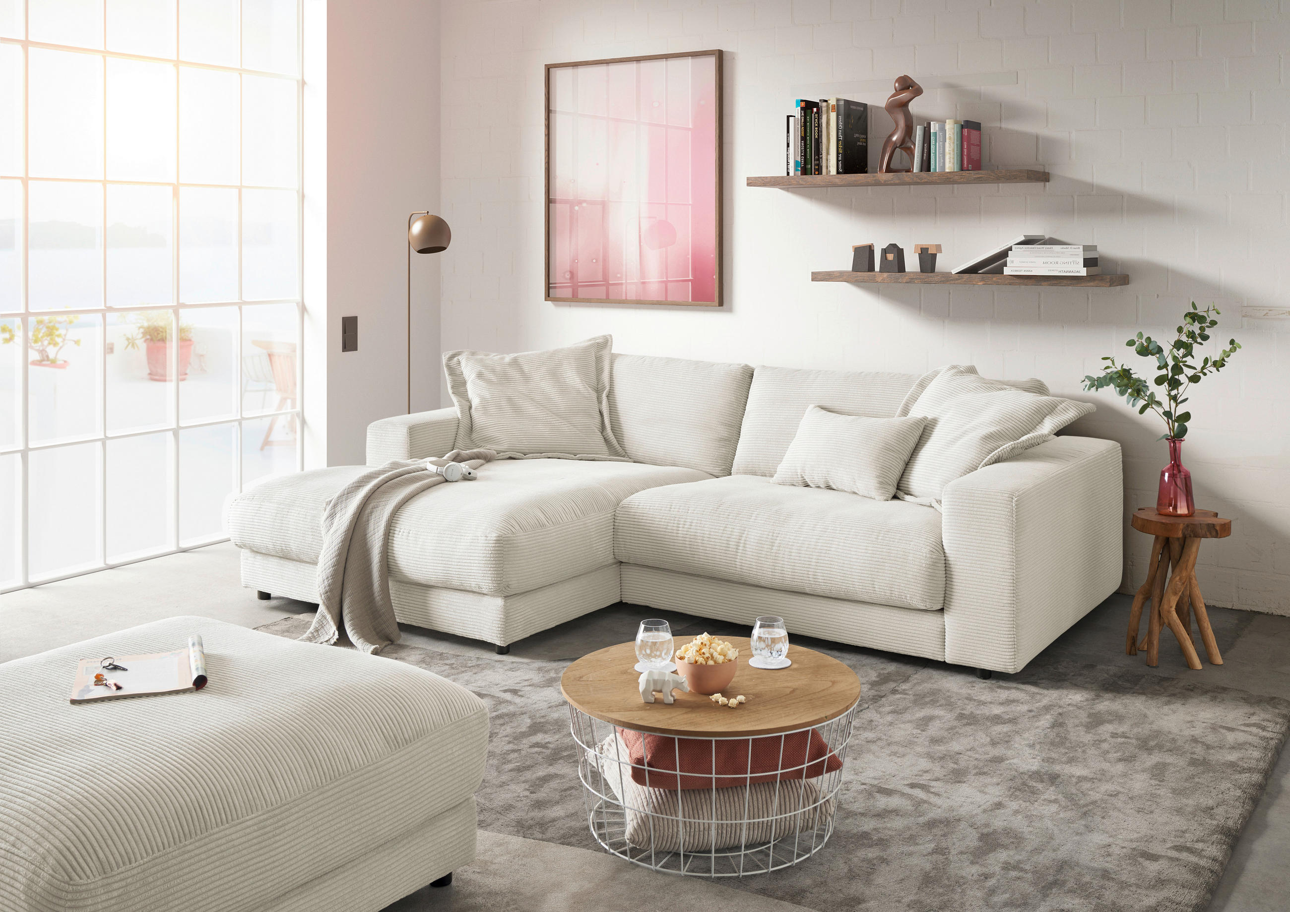 ECKSOFA in Cord Weiss  - Weiss/Schwarz, Design, Kunststoff/Textil (190/270cm) - Lomoco