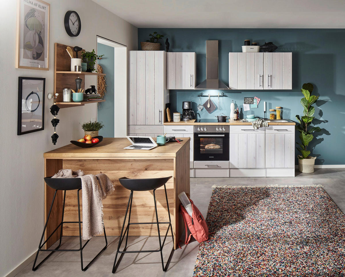 MODULKÖK 280-124 cm   i vit, lärkfärgad  - stålfärgad/vit, Lifestyle, metall/trämaterial (280-124cm) - Respekta