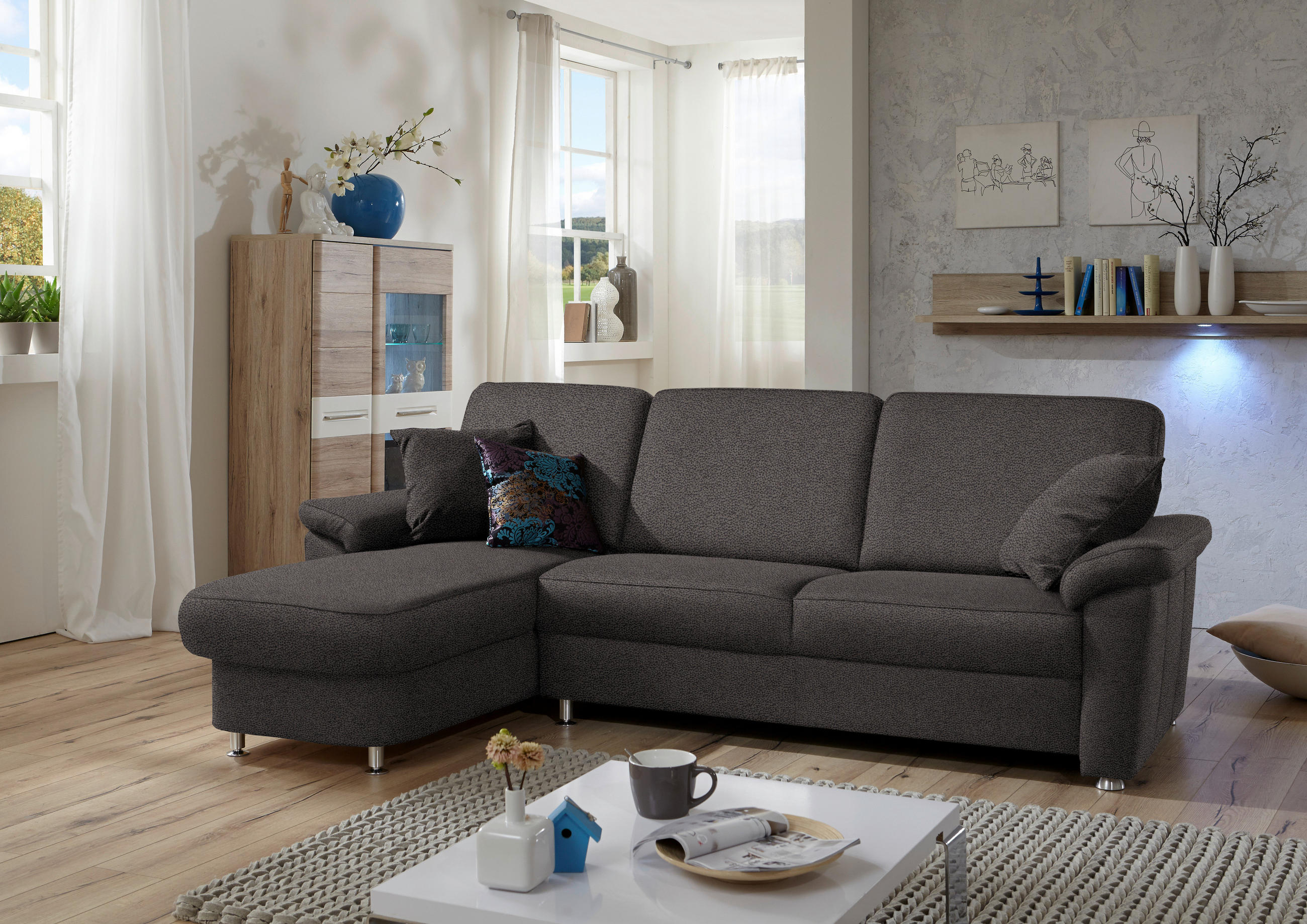 ECKSOFA in Flachgewebe Dunkelgrau  - Chromfarben/Dunkelgrau, Konventionell, Textil/Metall (163/250cm) - Beldomo System