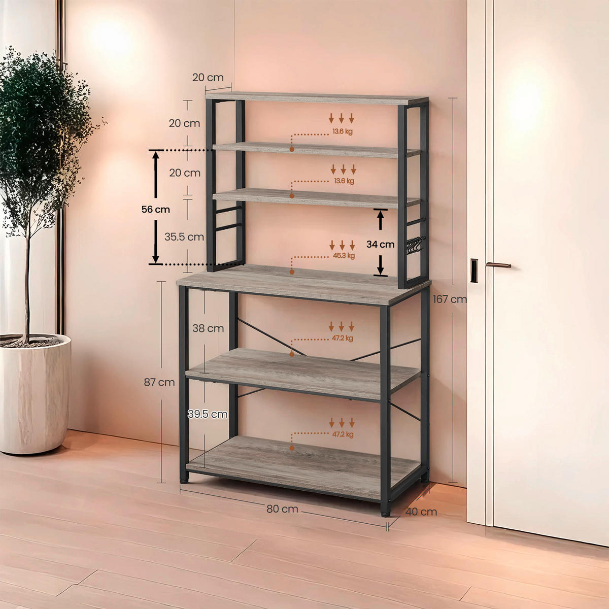 REGÁL, čierna, sivobéžová, oceľ, 80/167/40 cm - čierna/sivobéžová, Modern, kov/kompozitné drevo (80/167/40cm) - MID.YOU