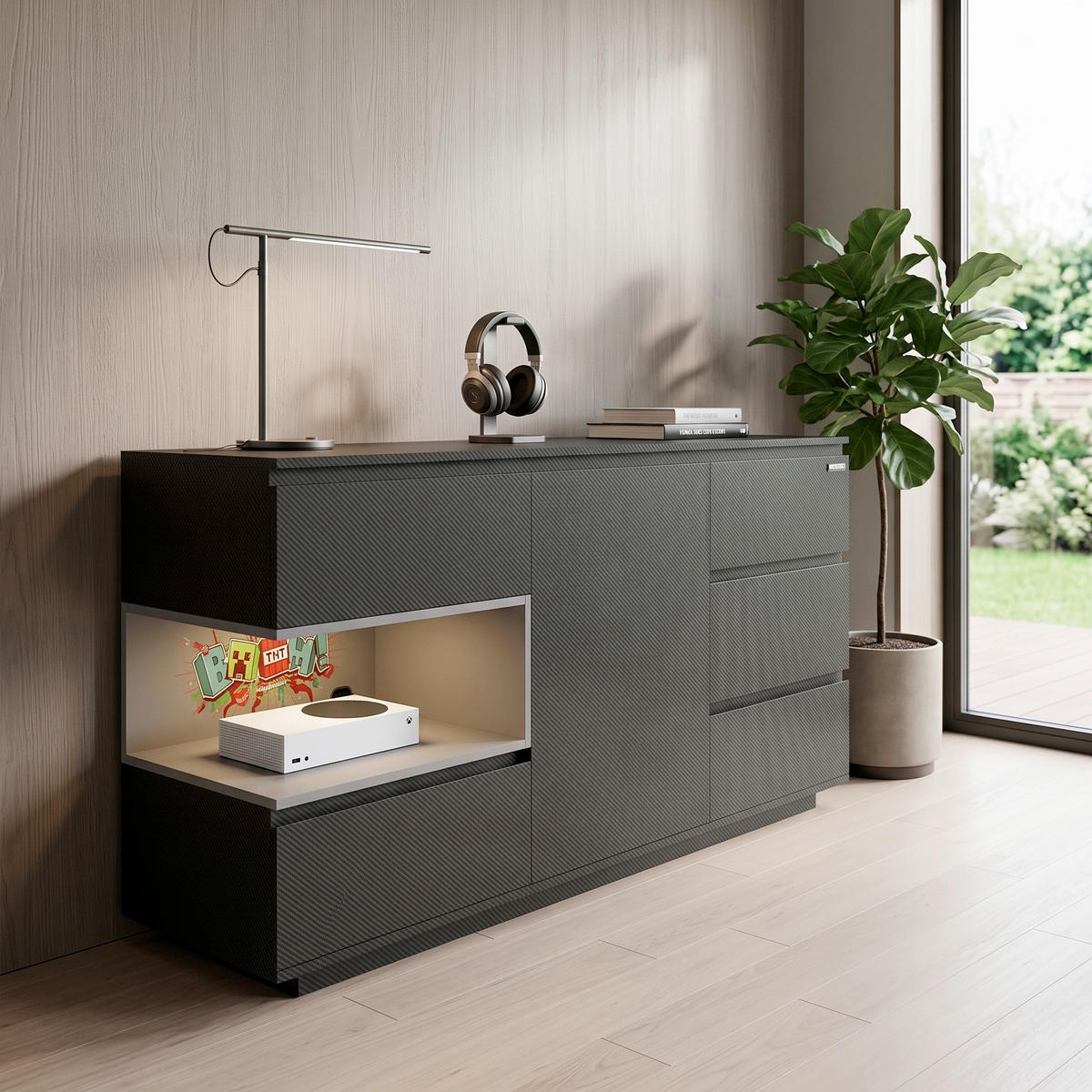 SIDEBOARD  160/80/40 cm 5 Schublade(n)  - Schwarz, MODERN, Holzwerkstoff (160/80/40cm) - Minecraft