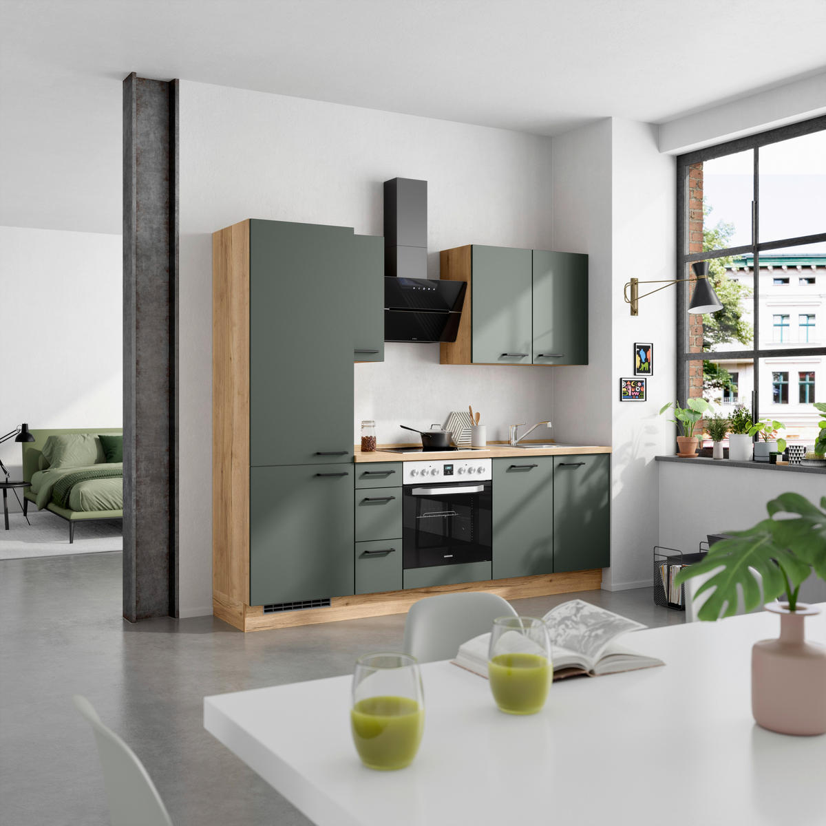 KÜCHENBLOCK Easytouch 240 cm  in Eichefarben, Dunkelgrün  - Dunkelgrün/Eichefarben, MODERN, Holzwerkstoff/Metall (240cm) - Nobilia