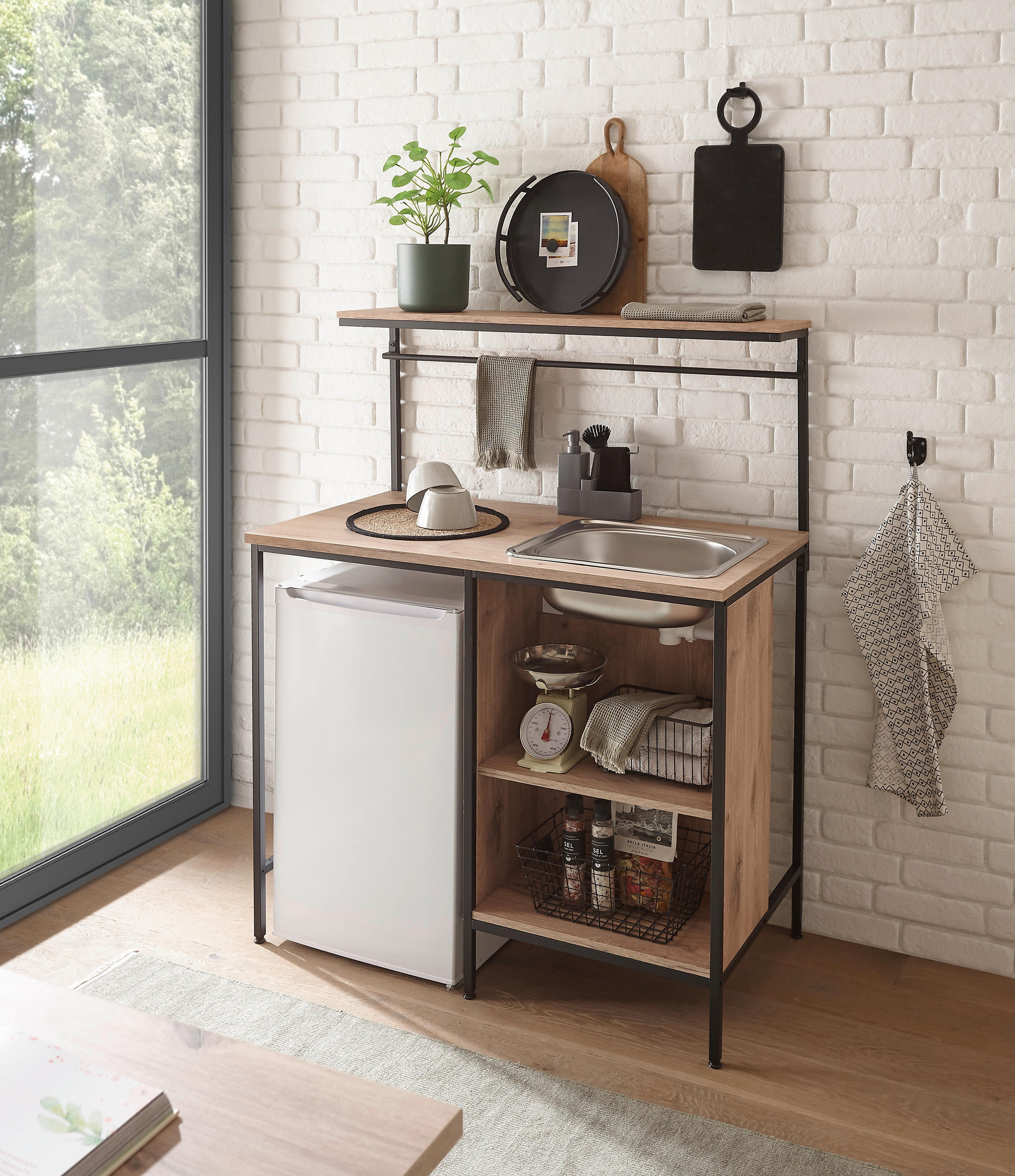 P & B Spülenunterschrank Rack Schwarz, Eiche 110x140x62 cm