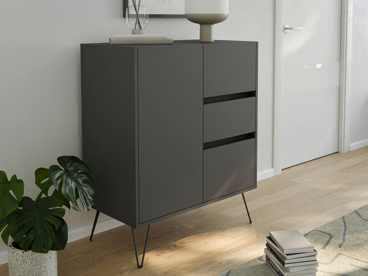 SIDEBOARD Posseik Industrial  in 76/93,6/42 cm  - Graphitfarben/Schwarz, Design, Holzwerkstoff/Metall (76/93,6/42cm) - P & B