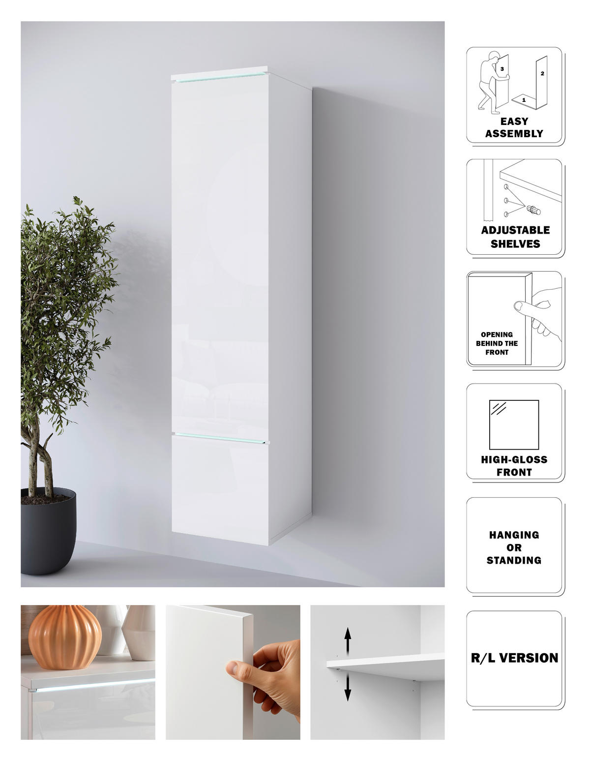 HOCHSCHRANK 30/130/33 cm  - Weiß Hochglanz/Weiß, Design, Holzwerkstoff/Kunststoff (30/130/33cm) - Livetastic