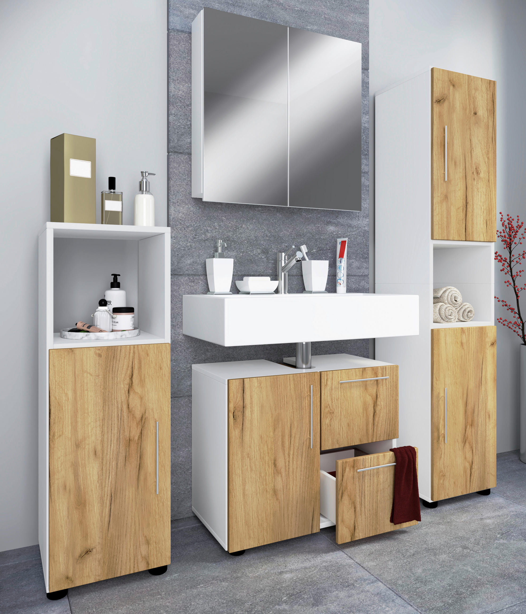 BADEZIMMER 4-teilig  in 123 cm  - Honigeiche/Silberfarben, MODERN, Holzwerkstoff/Kunststoff (123cm) - MID.YOU