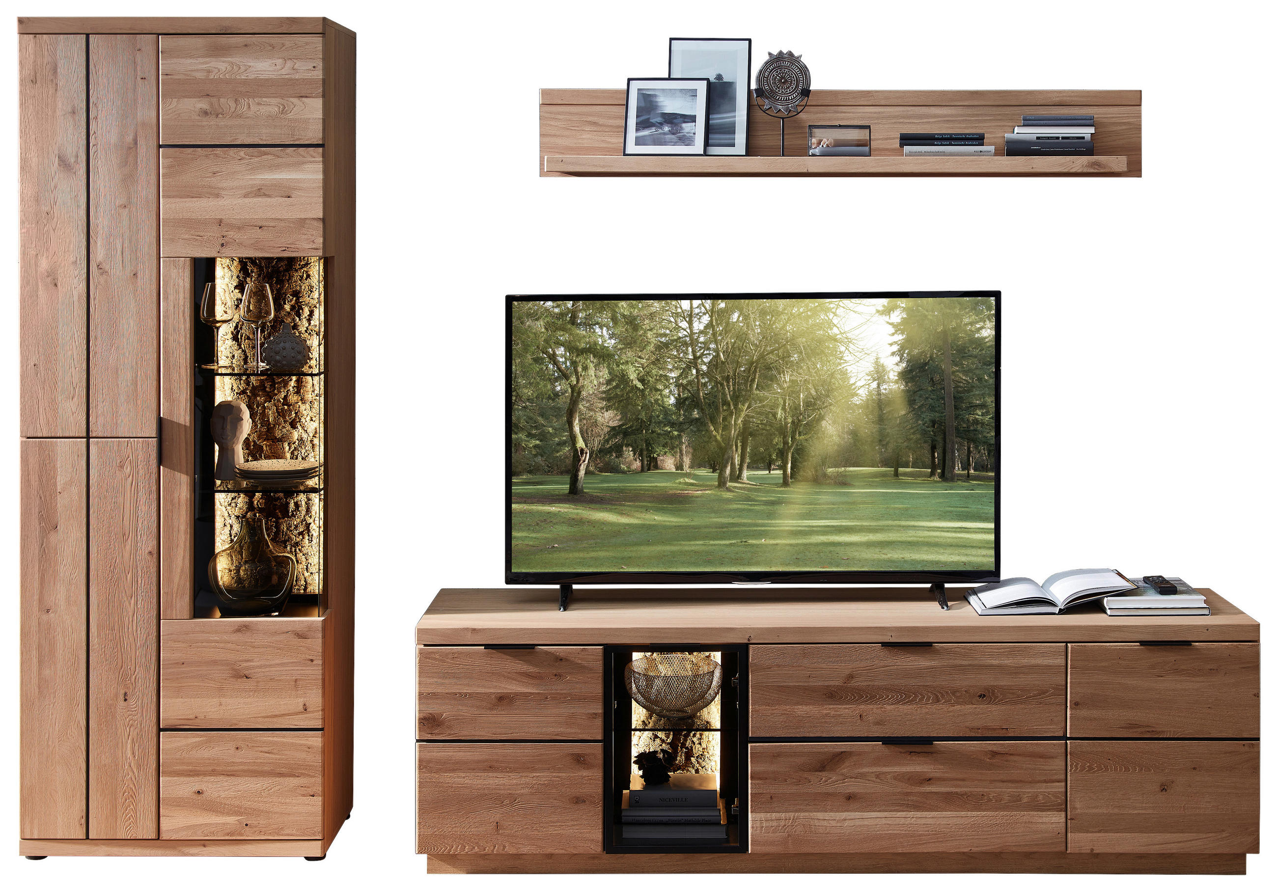 WOHNWAND  in Schwarz, Wildeiche  290/207/50 cm  - Wildeiche/Schwarz, KONVENTIONELL, Glas/Holz (290/207/50cm) - Livetastic