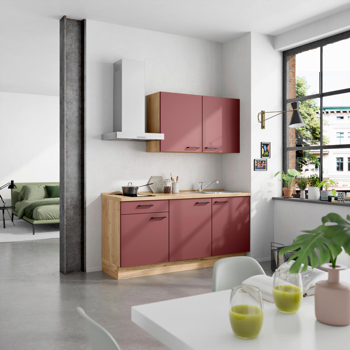 KÜCHENLEERBLOCK 180 cm   in Rot, Eichefarben  - Eichefarben/Rot, MODERN, Holzwerkstoff/Metall (180cm) - Nobilia