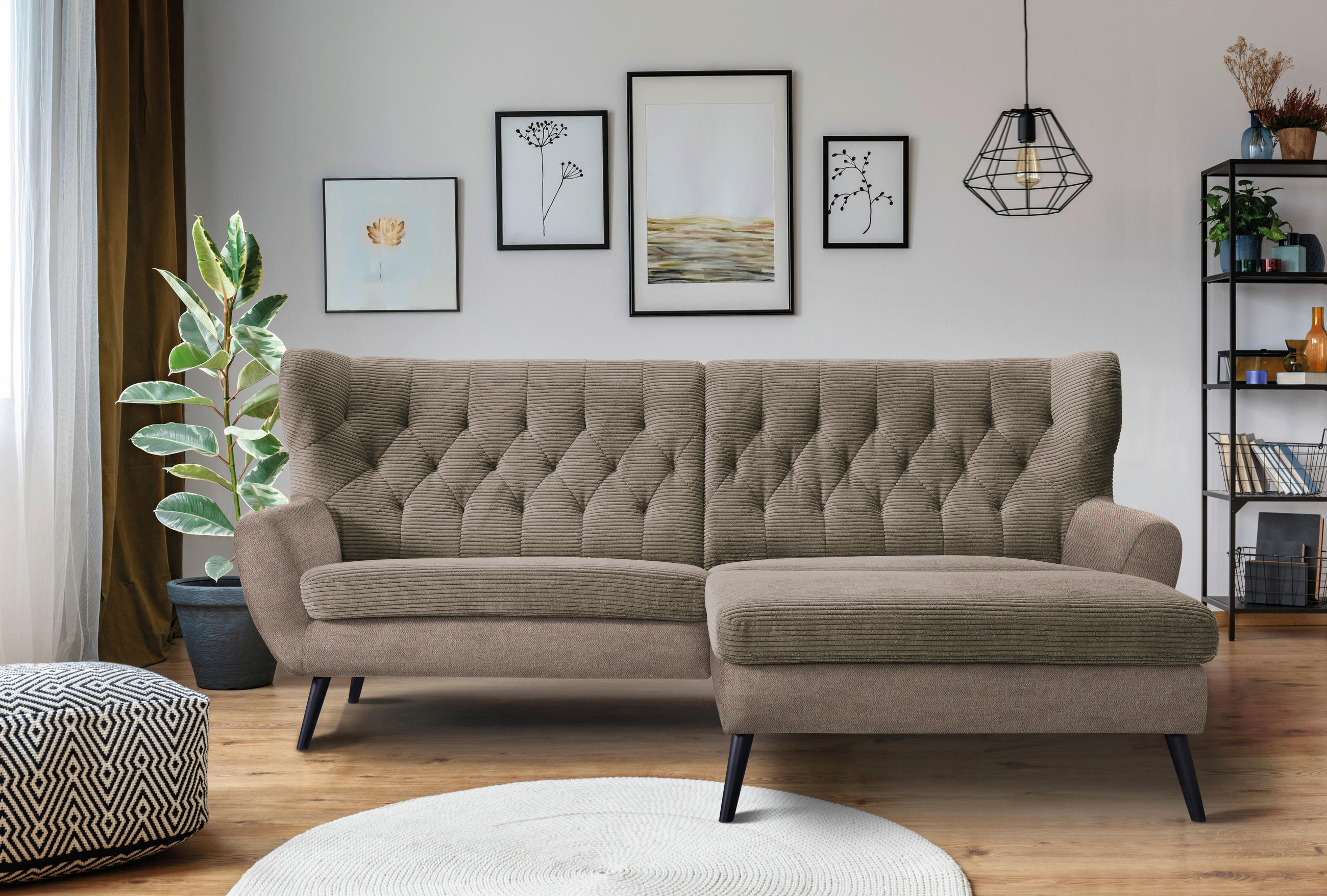 ECKSOFA in Cord Braun  - Schwarz/Braun, Design, Holz/Textil (237/165cm) - Stylife