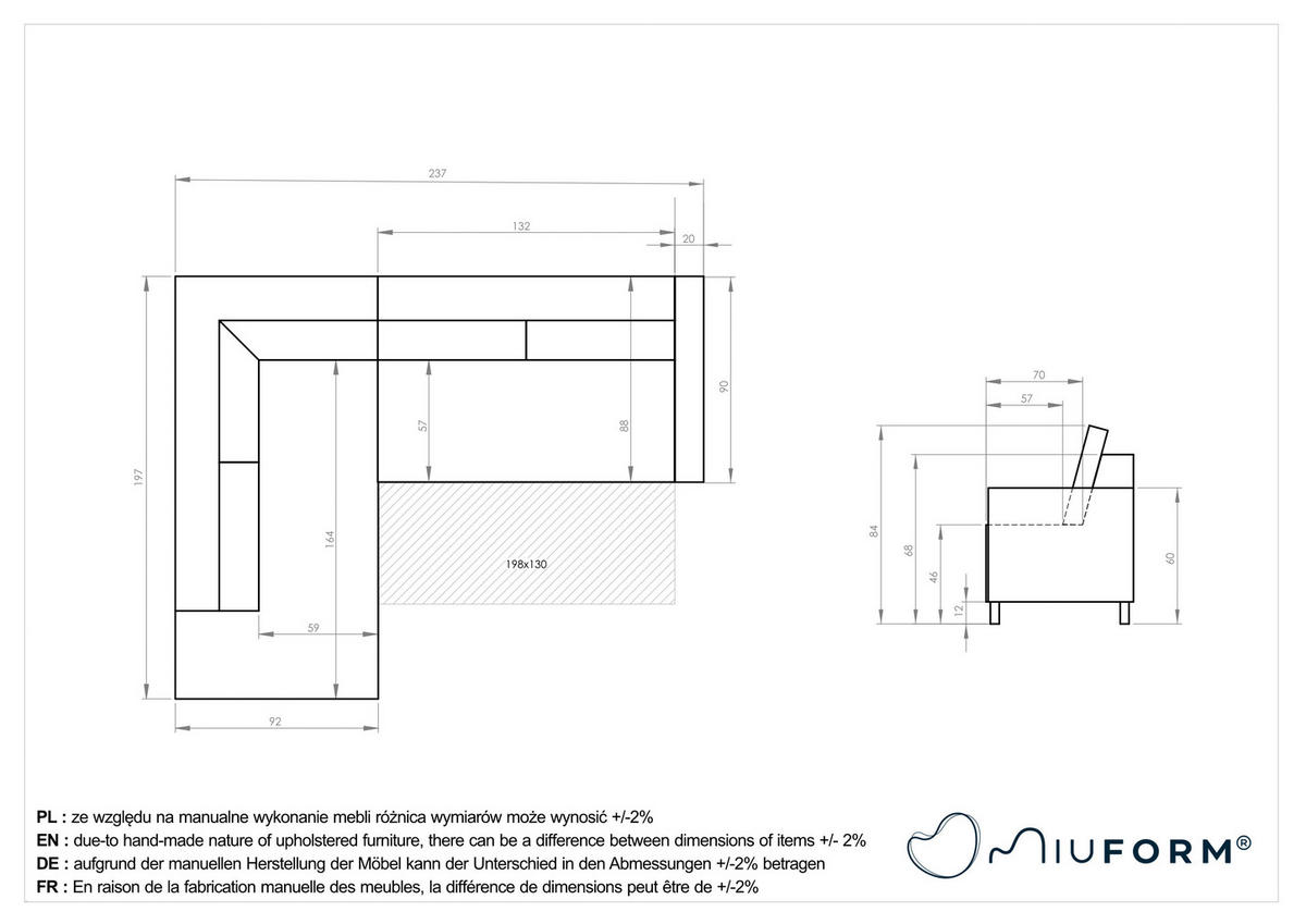Measurements von MID.YOU ECKSOFA Smaragdgrün Cord.