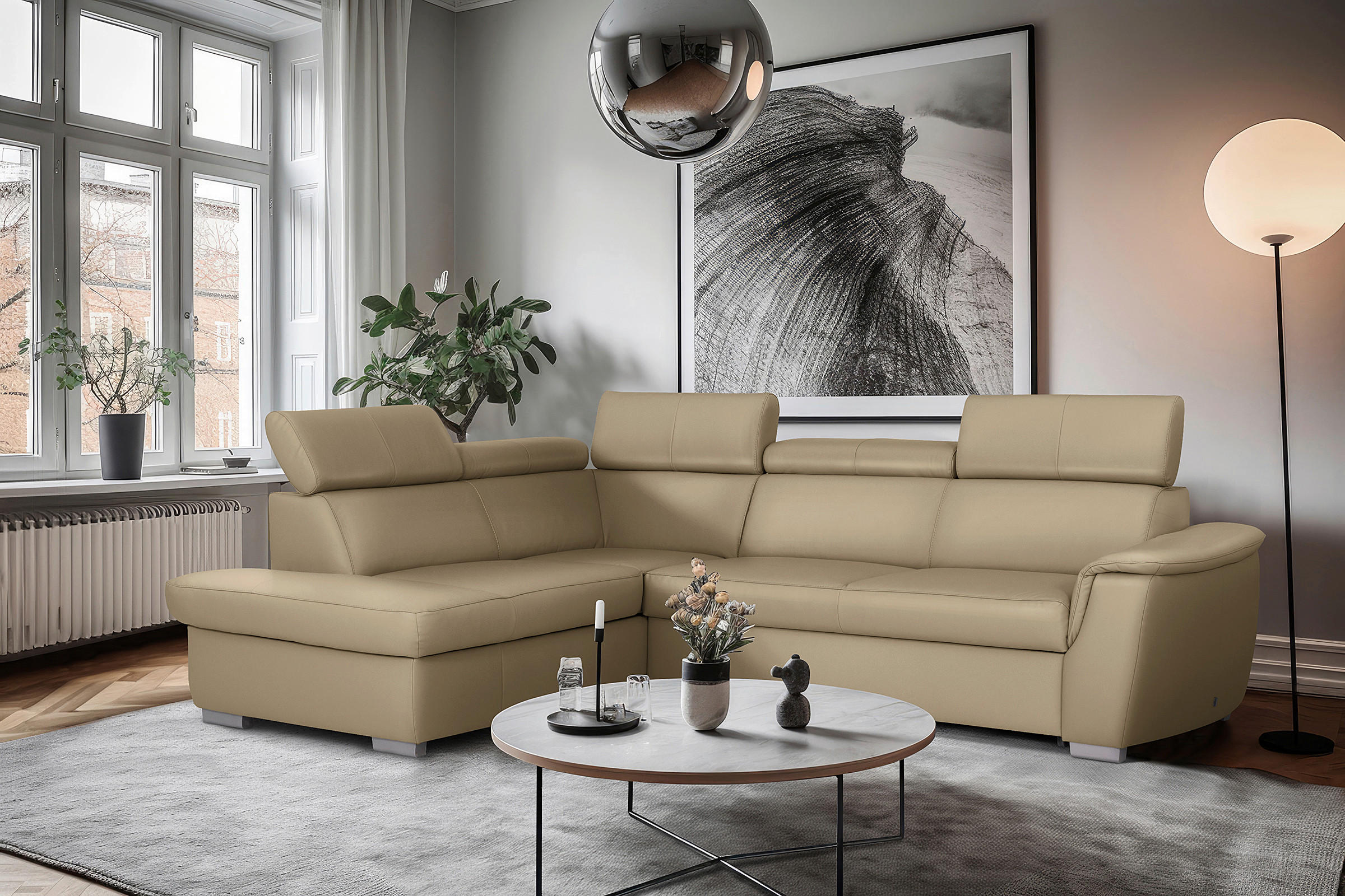 WOHNLANDSCHAFT  in Kombination Echtleder/Lederlook Hellgrau  - Hellgrau, Leder/Metall (211/262cm) - Celina Home