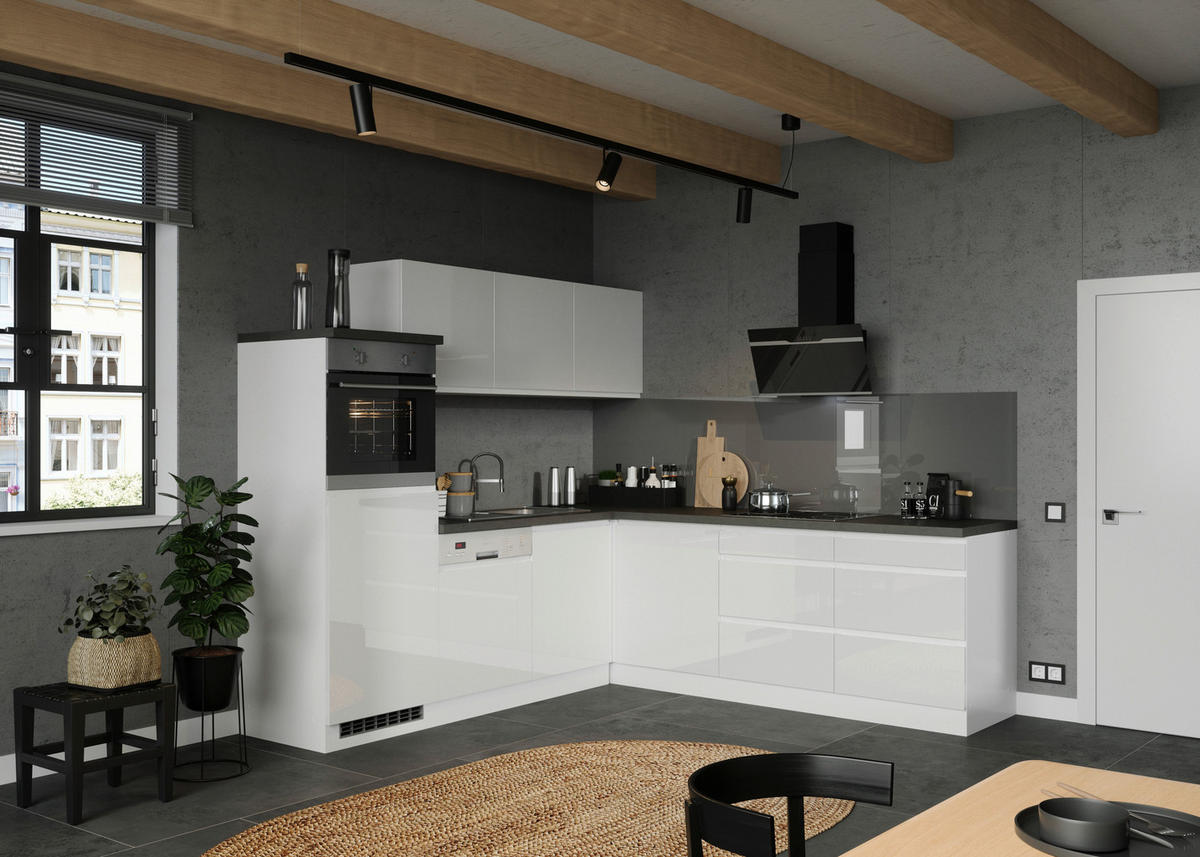 Eckküche Monza mit Geräten 240/240 cm  in Grau, Weiss, Weiss Hochglanz  - Weiss Hochglanz/Weiss, Lifestyle, Holzwerkstoff (240/240cm) - Held