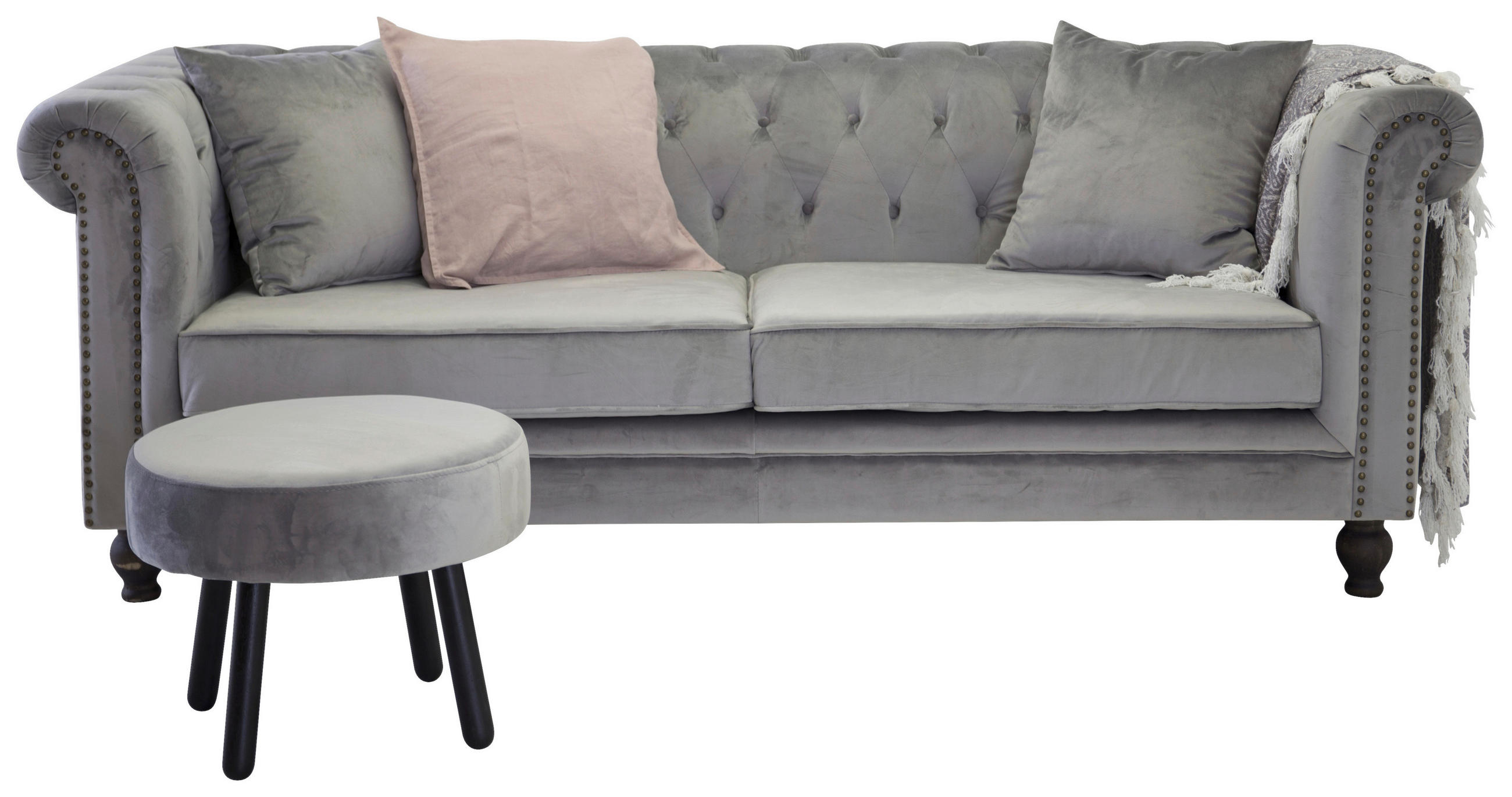 CHESTERFIELD-SOFA Samt Hellgrau  - Hellgrau, Design, Holz/Textil (217/80/88cm) - Livetastic