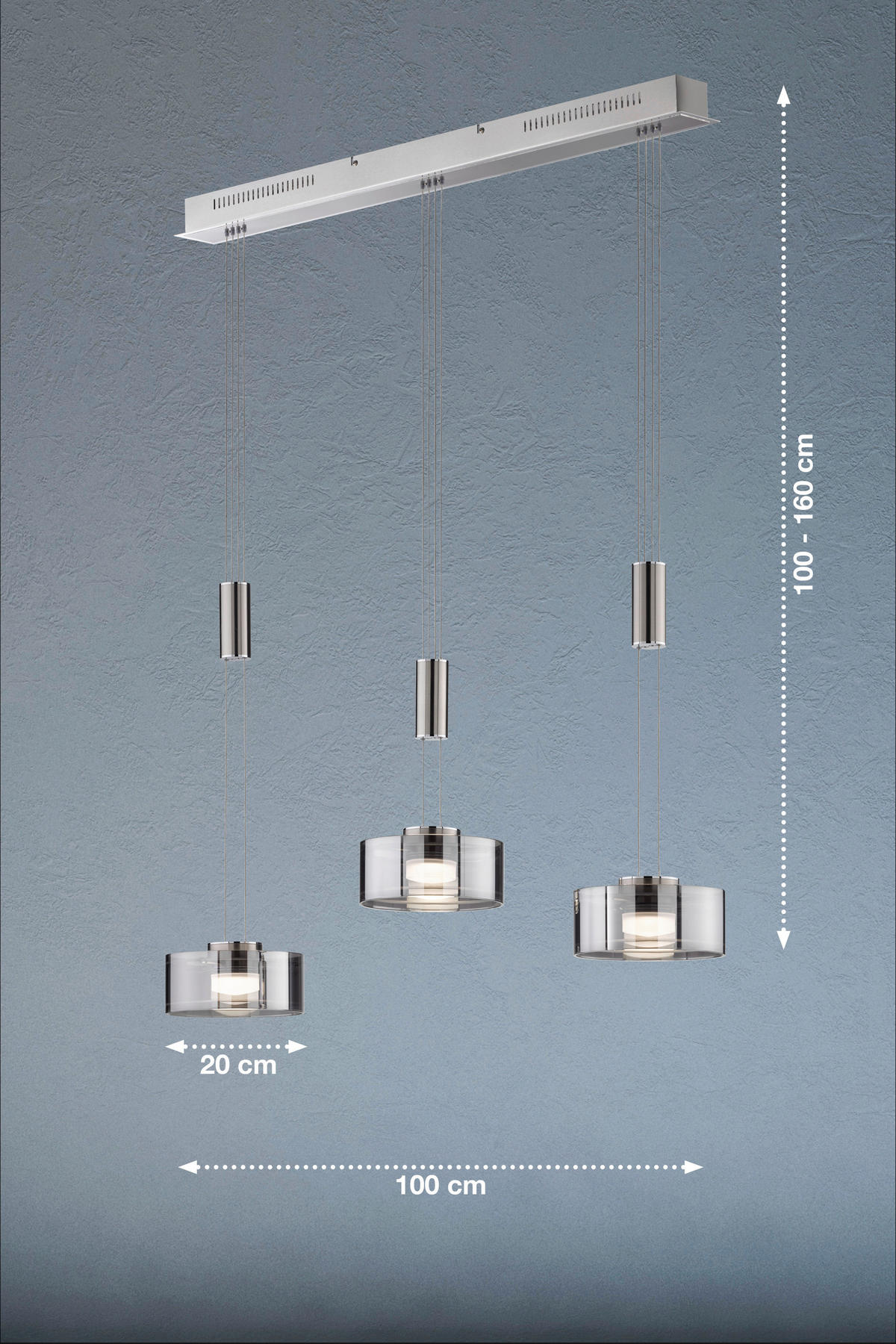 ZÁVESNÉ LED SVIETIDLO, 95/20/100-160 cm  - chrómová/niklová, Design, kov/sklo (95/20/100-160cm)