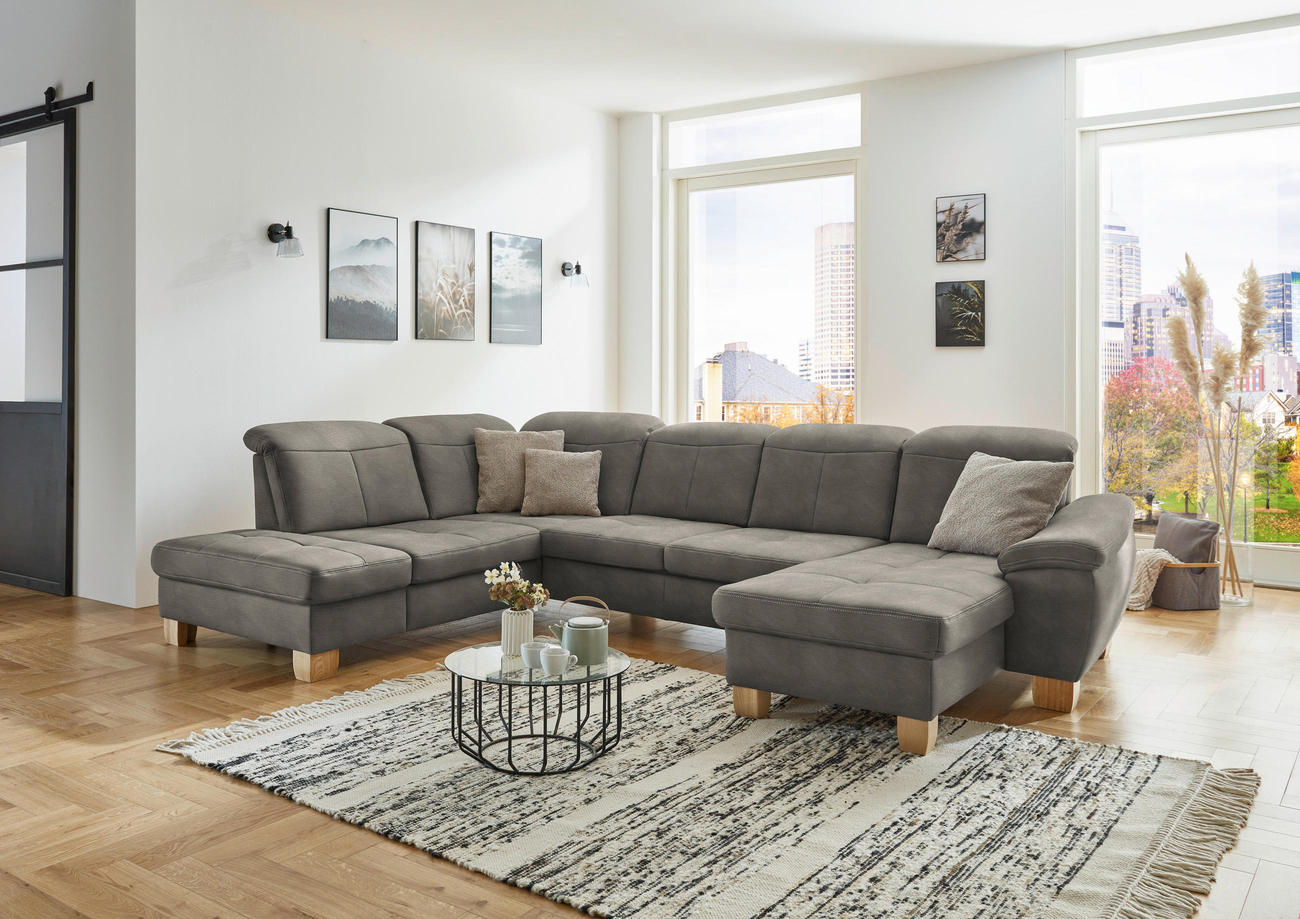 WOHNLANDSCHAFT Schlammfarben Mikrofaser  - Wildeiche/Schlammfarben, KONVENTIONELL, Holz/Textil (243/343/185cm) - Voleo