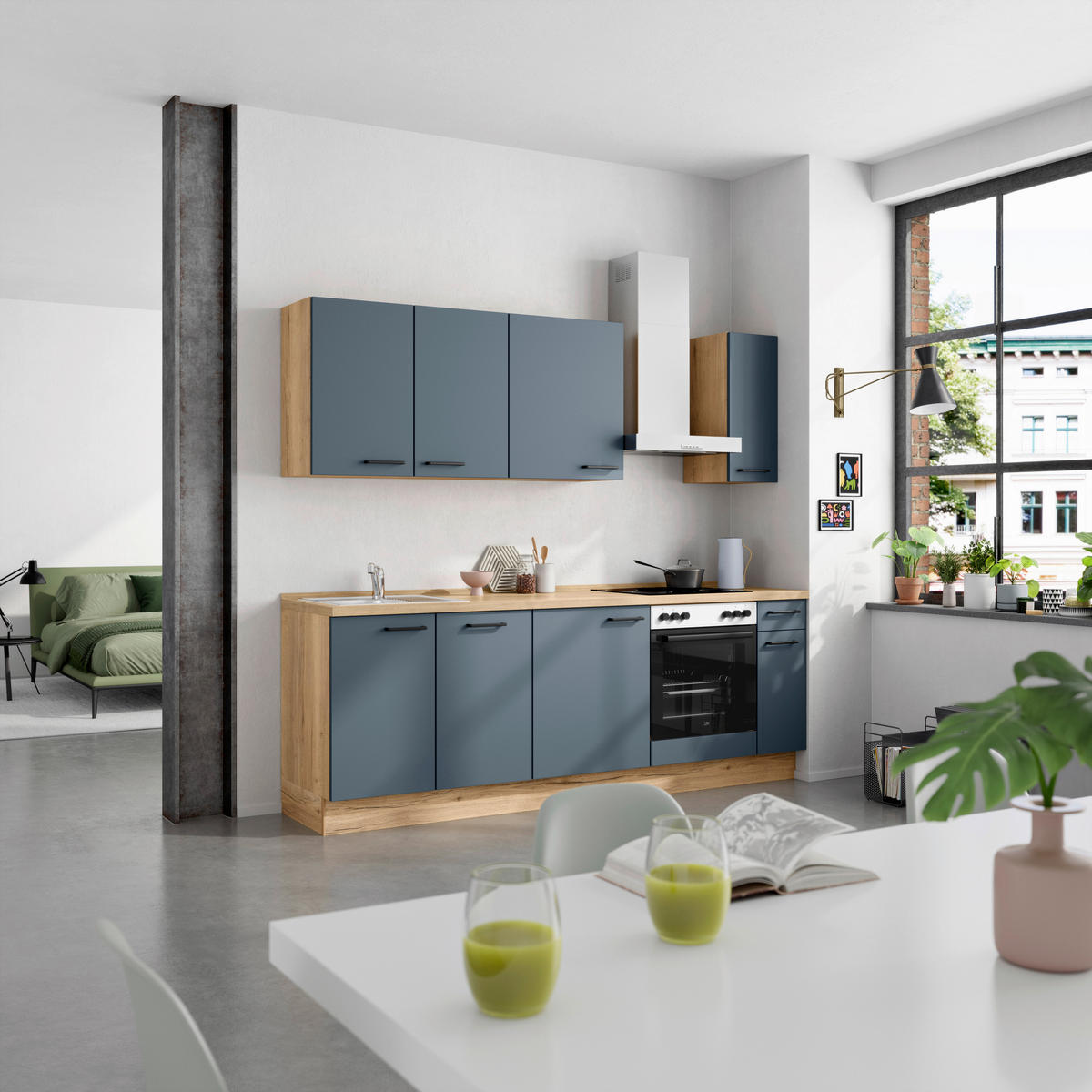 KÜCHENBLOCK Easytouch 240 cm  in Blau, Eichefarben  - Blau/Eichefarben, MODERN, Holzwerkstoff/Metall (240cm) - Nobilia
