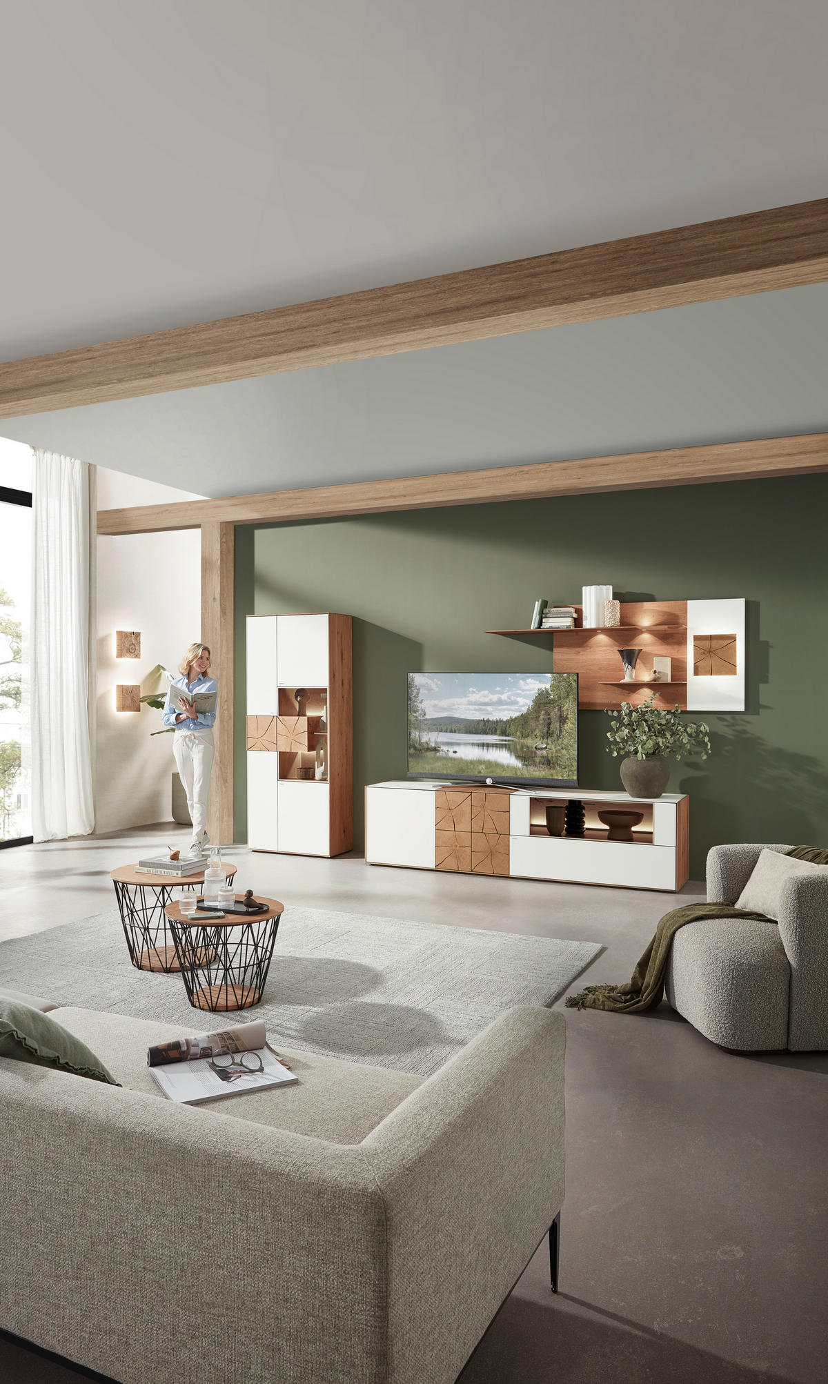 WOHNWAND  in Weiss, Eichefarben 271/196/49 cm  - Weiss/Eichefarben, Design, Glas/Holz (271/196/49cm) - Valnatura