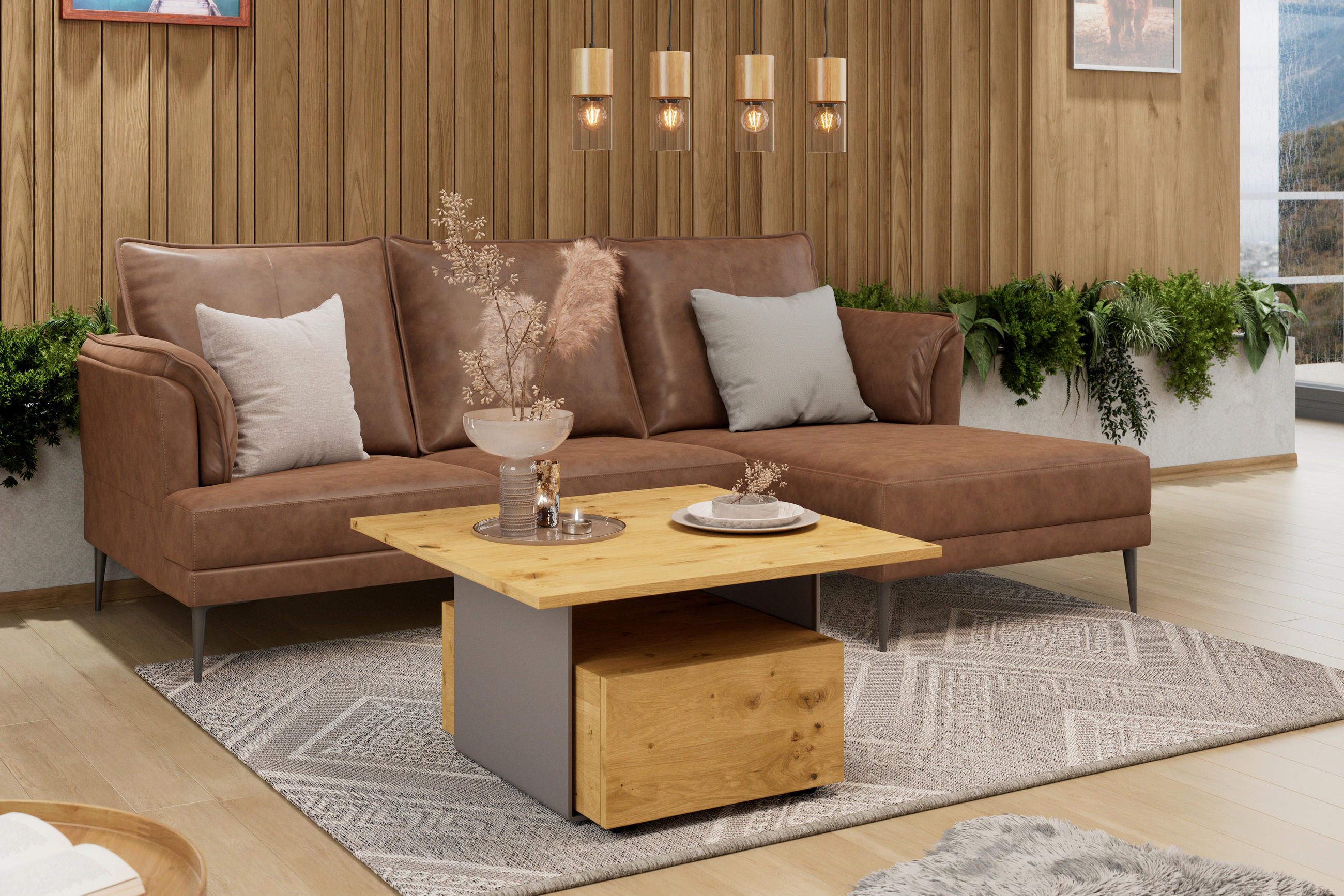 COUCHTISCH Wildeiche furniert, massiv 80/80/43 cm quadratisch Anthrazit, Eichefarben  - Eichefarben/Anthrazit, Natur, Holz/Metall (80/80/43cm) - Voglauer