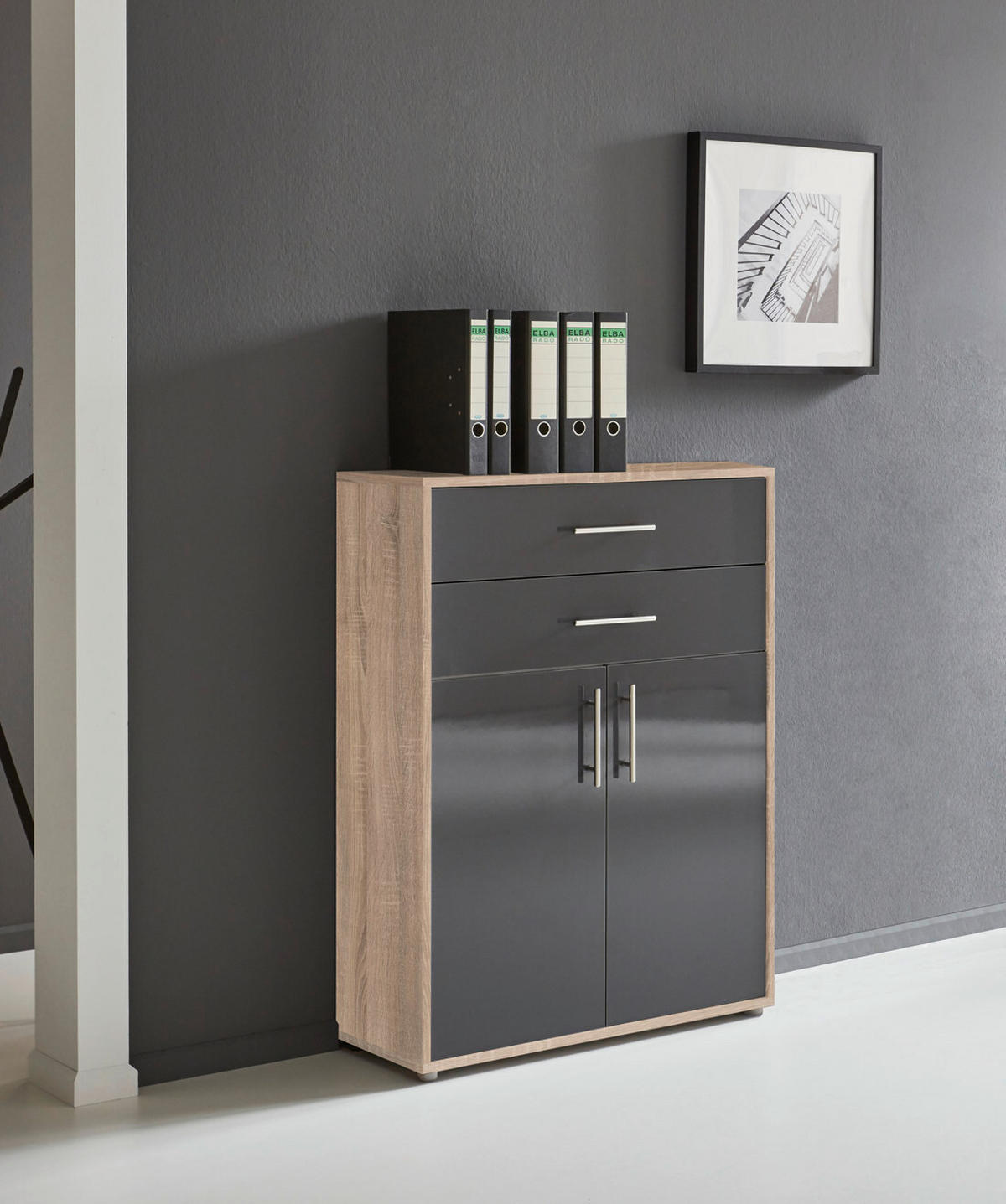 AKTENSCHRANK Sonoma Eiche, Anthrazit Hochglanz  - Anthrazit Hochglanz/Sonoma Eiche, MODERN, Holzwerkstoff (253,2/113,6/33cm) - MID.YOU