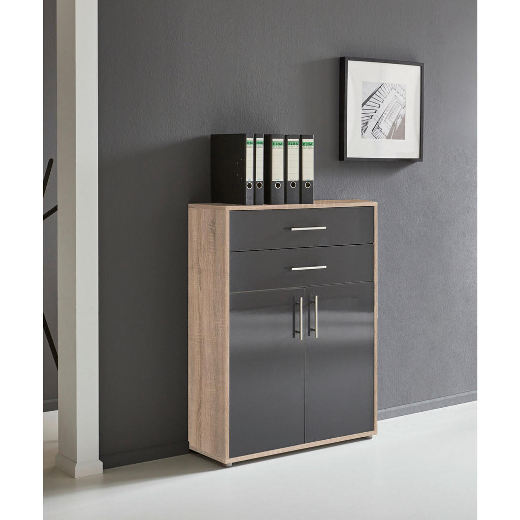 Thumbnail - Mid.you Aktenschrank, Sonoma Eiche, Anthrazit Hochglanz, Holzwerkstoff, 5 Fächer, 2 Schubladen, 253.2x113.6x33 cm, Made ...