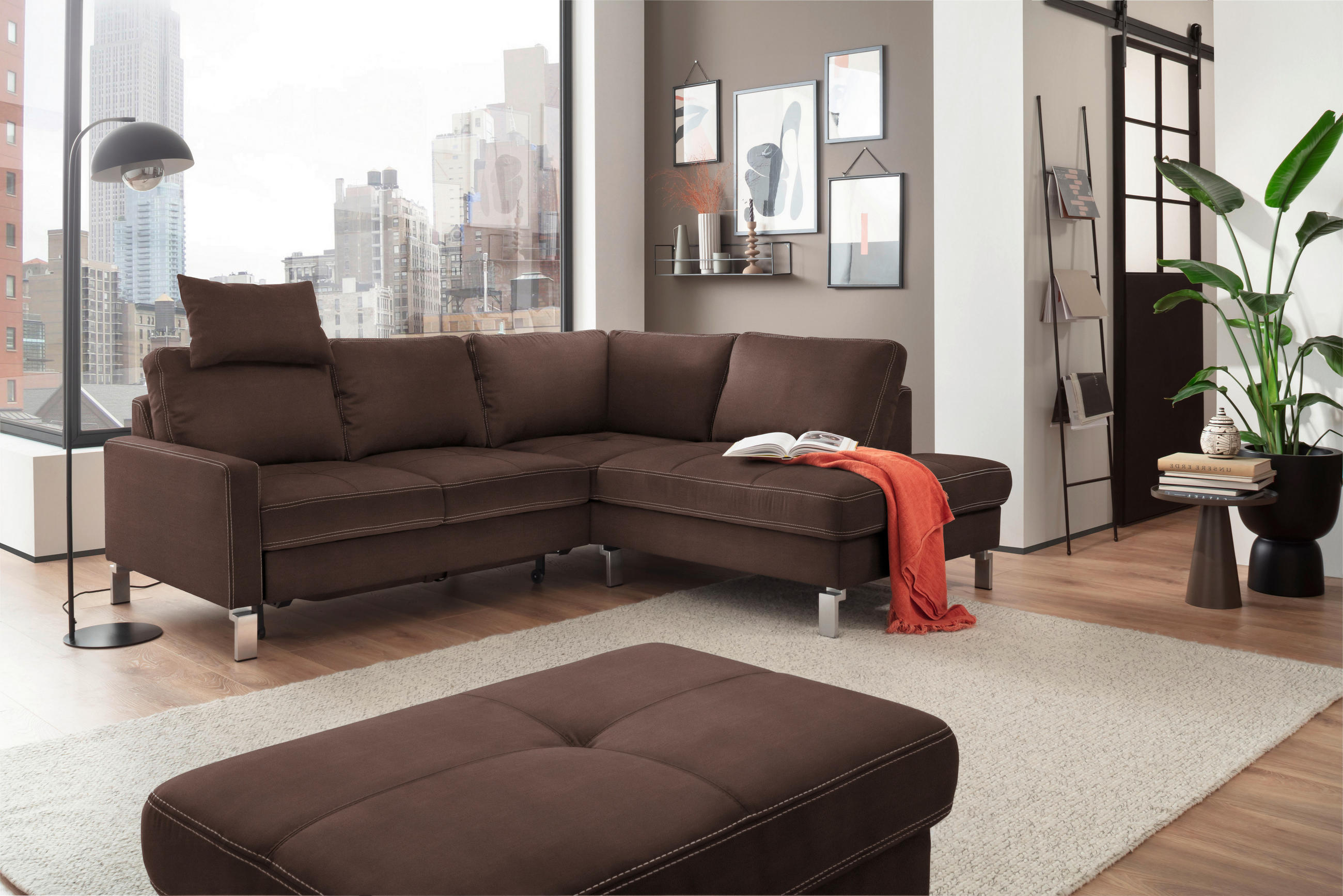 ECKSOFA in Mikrofaser Braun  - Chromfarben/Beige, Design, Textil/Metall (229/200cm) - Pure Home Lifestyle