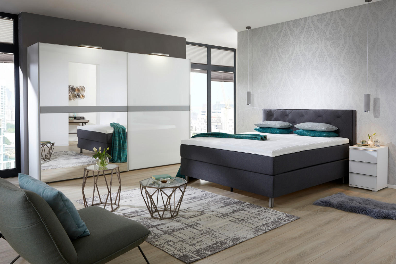 BOXSPRINGBETT 180/200 cm in Grau - Einrichtungsbeispiel