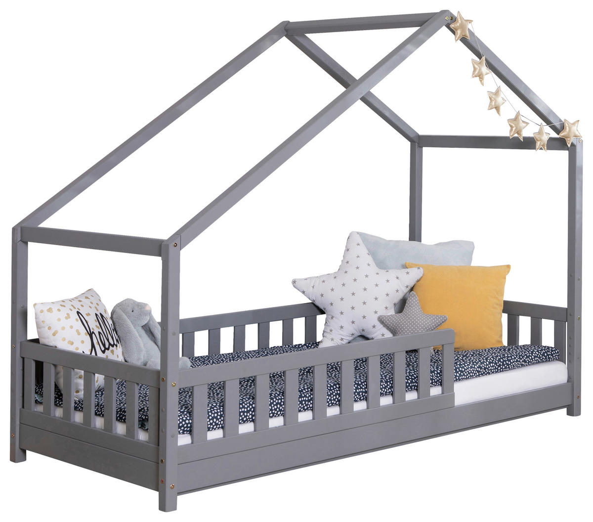 HAUSBETT 120/200 cm,  in Hellgrau, Absturzsicherung, Rollrost  - Hellgrau/Naturfarben, MODERN, Holz (120/200cm) - MID.YOU