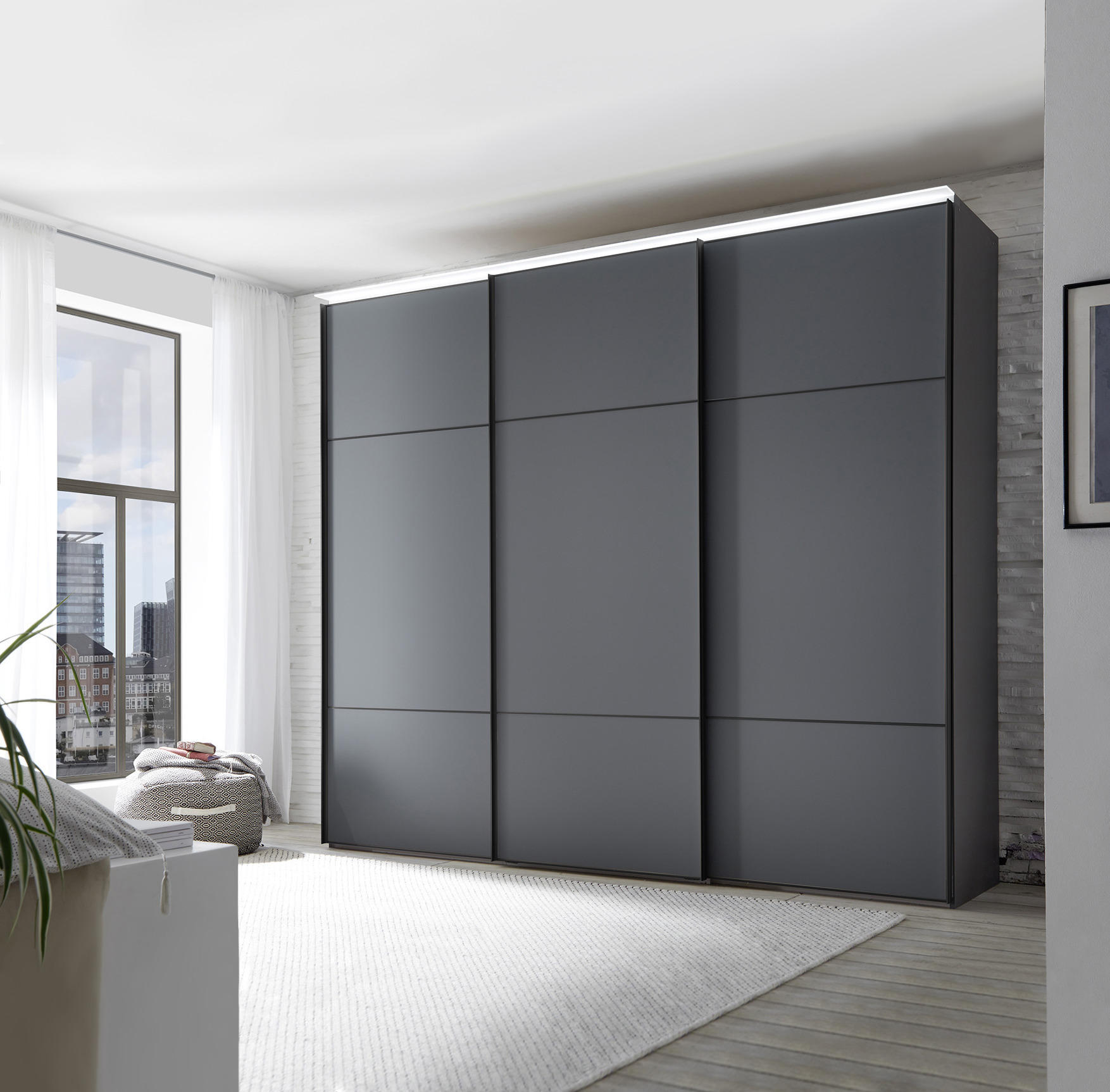  SCHWEBETÜRENSCHRANK 3-türig  - Schwarz/Grau, Design, Glas/Holzwerkstoff (249/222cm) - Moderano