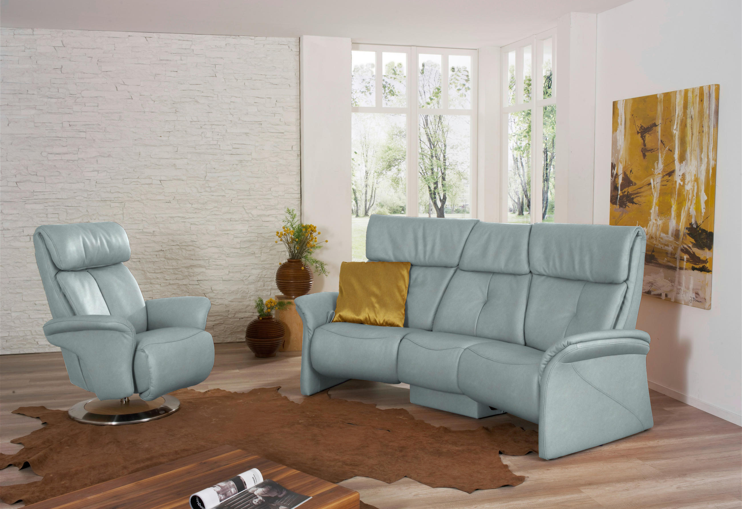 TRAPEZSOFA in Echtleder Hellblau  - Naturfarben/Hellblau, Konventionell, Leder/Holz (208/103/105cm) - Himolla Komfortklass