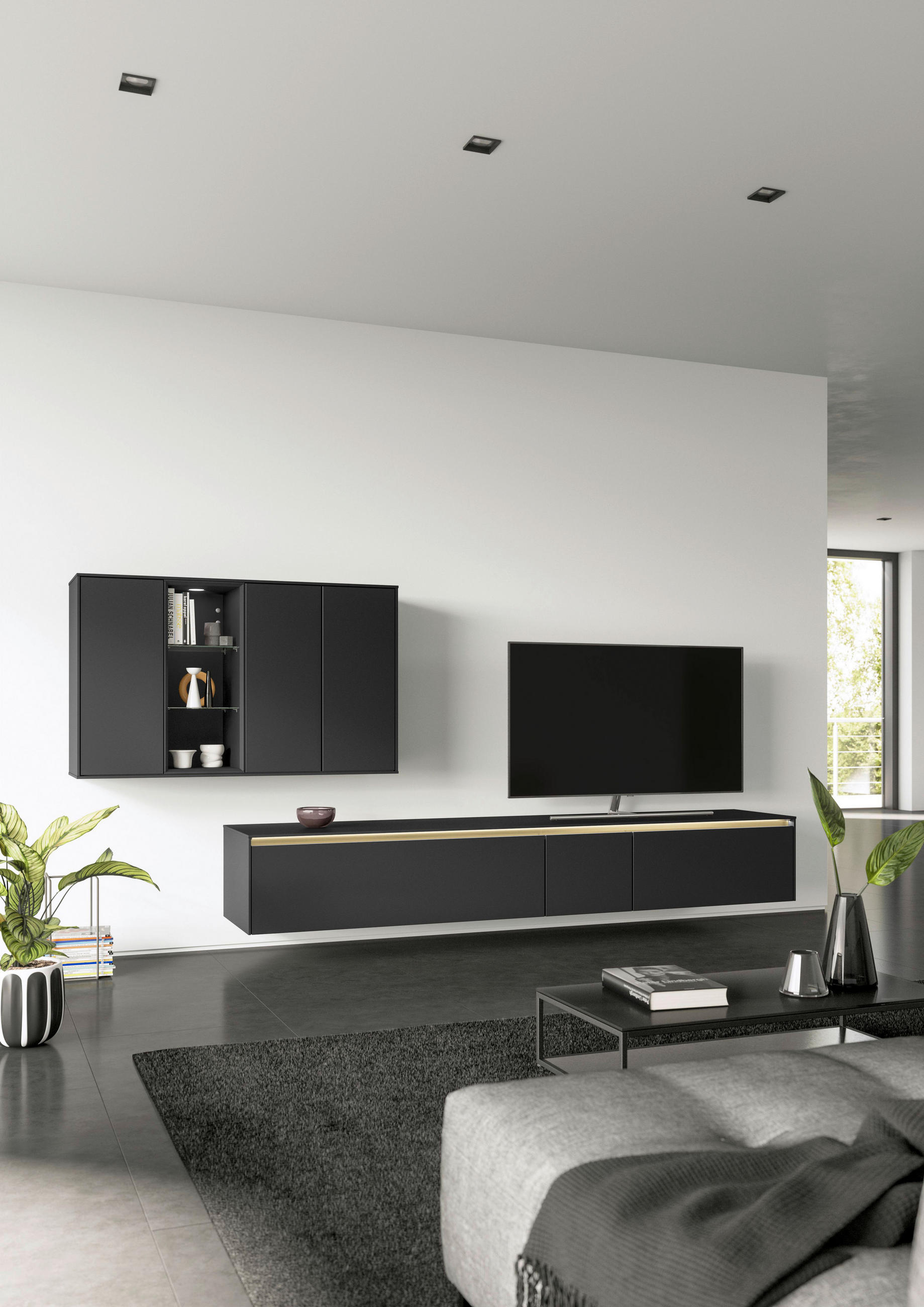 WOHNWAND  in Schwarz  302,3/205,2/48,5 cm  - Goldfarben/Schwarz, Design, Glas/Holzwerkstoff (302,3/205,2/48,5cm) - Celina Home