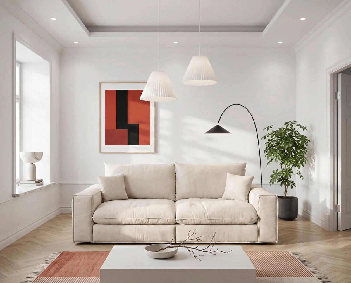 BIGSOFA Chenille Creme  - Creme/Schwarz, MODERN, Kunststoff/Textil (255/76/117cm) - Milino