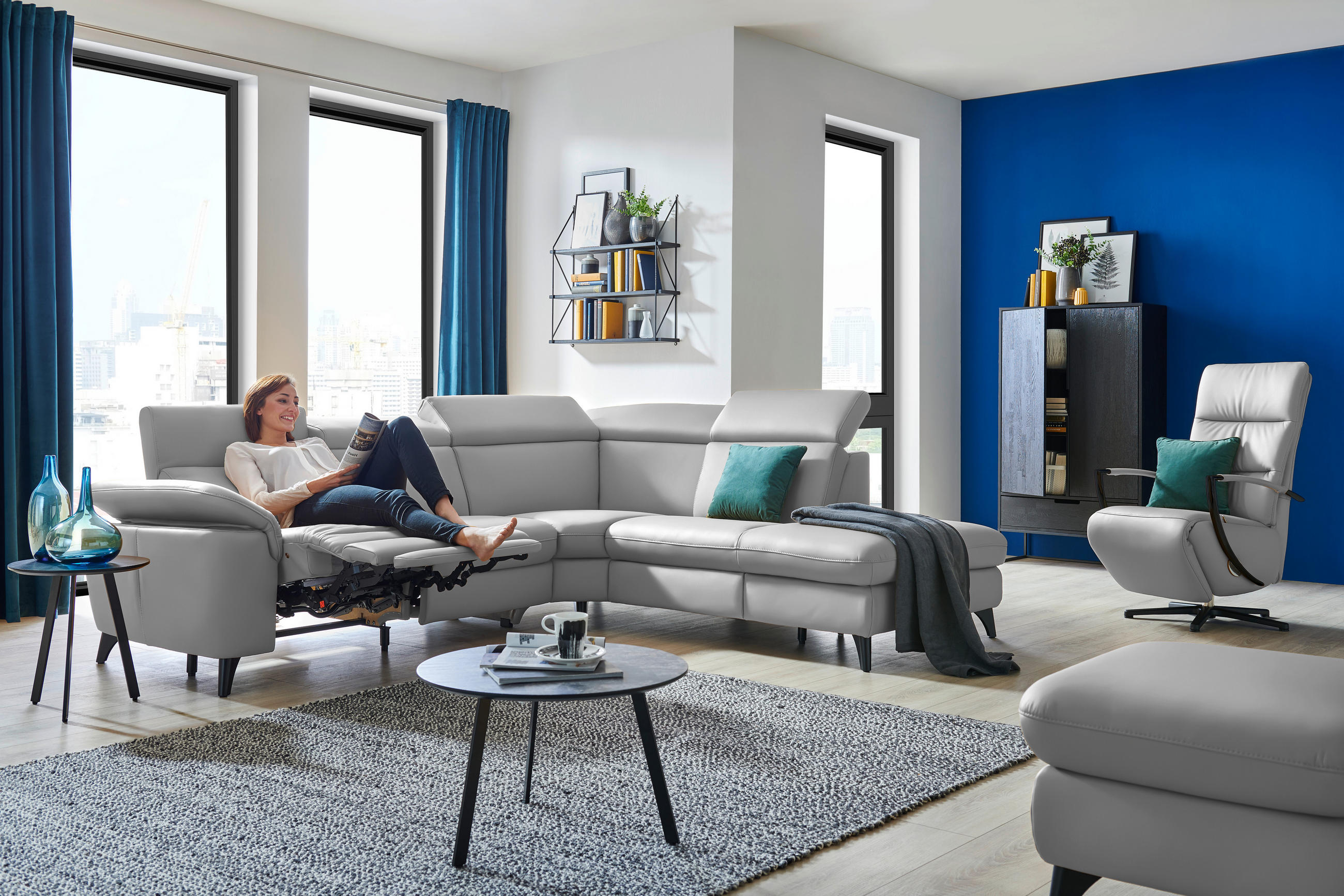 ECKSOFA in Echtleder Grau  - Schwarz/Grau, Design, Leder/Metall (285/239cm) - Cantus