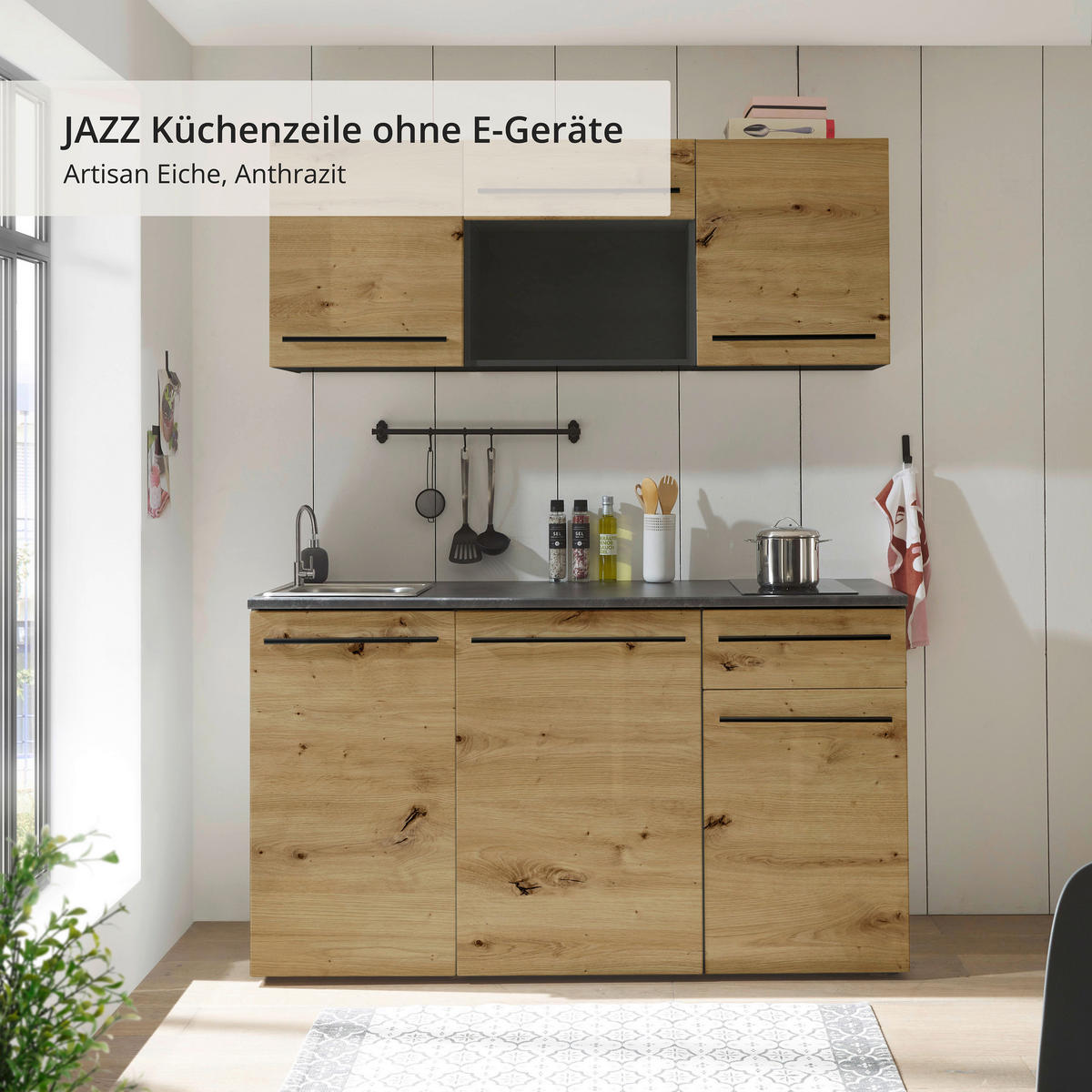 KÜCHENBLOCK   in Anthrazit, Braun, Eiche Artisan  - Anthrazit/Schwarz, Trend, Holzwerkstoff/Kunststoff (160/212/60cm) - MID.YOU