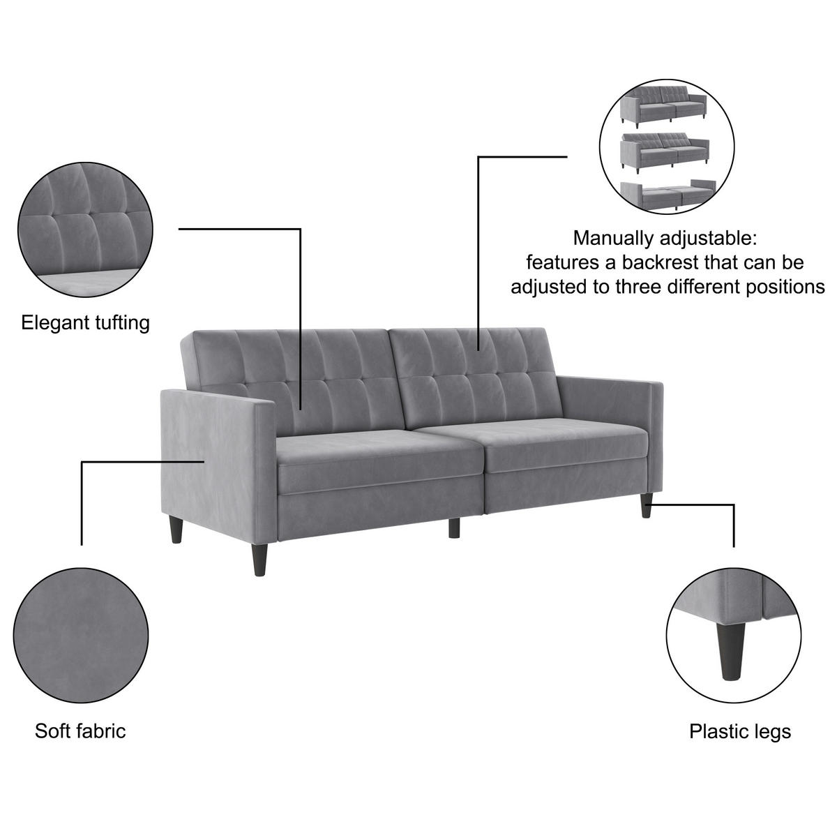 SCHLAFSOFA HANNOVER in Samt Grau Vintage, Skandinavisch, Modern  - Schwarz/Grau, Basics, Kunststoff/Textil (203/82/83cm) - Livetastic