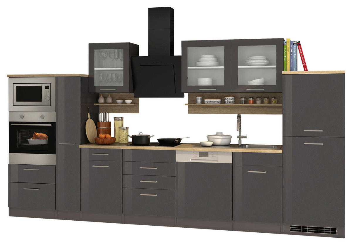 KÜCHENBLOCK 370 cm   in Graphitfarben  - Silberfarben/Graphitfarben, Modern, Glas/Holzwerkstoff (370cm) - Held
