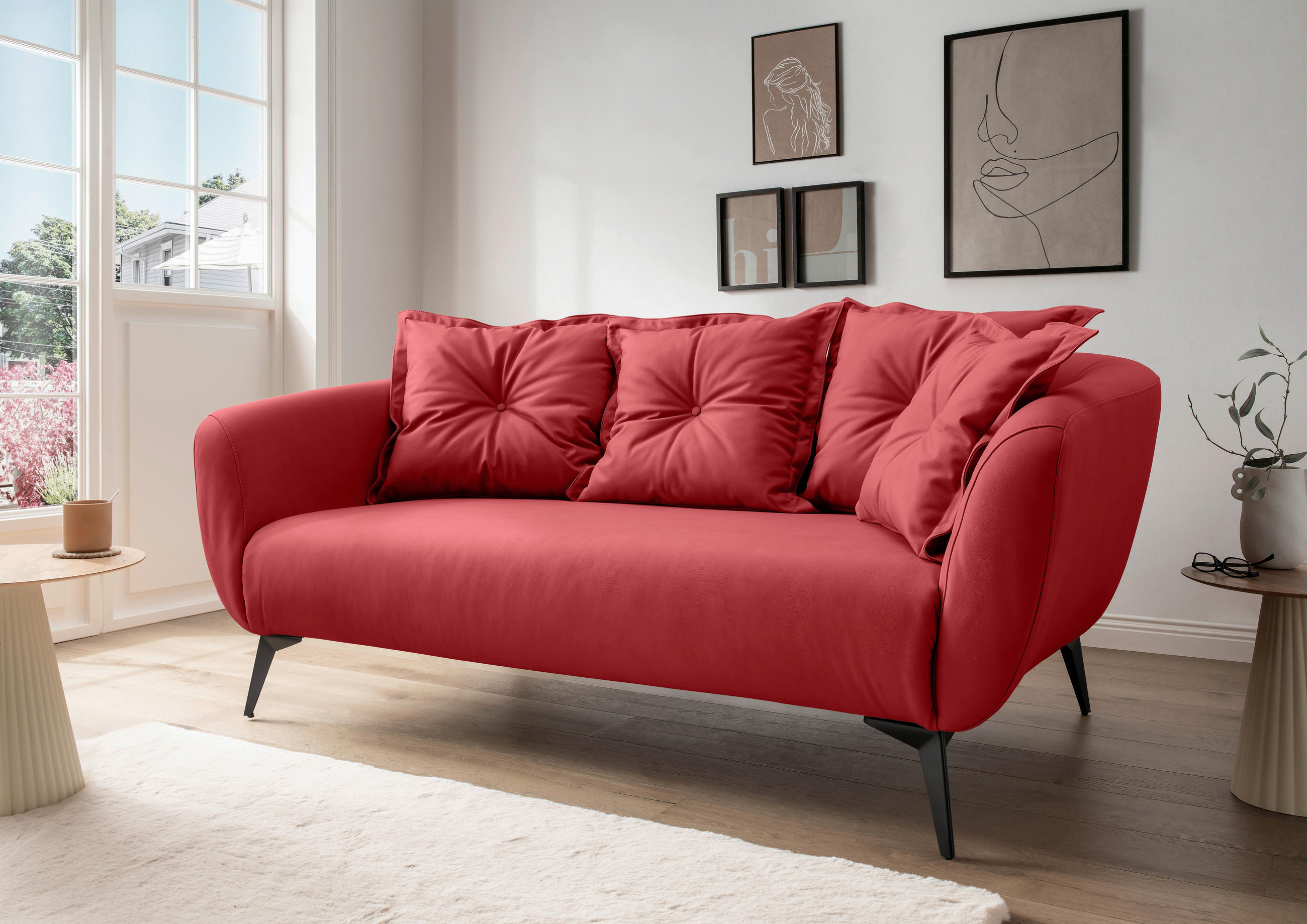 2,5-SITZER in Lederlook Rot  - Rot/Schwarz, MODERN, Textil/Metall (196/94/103cm) - Livetastic
