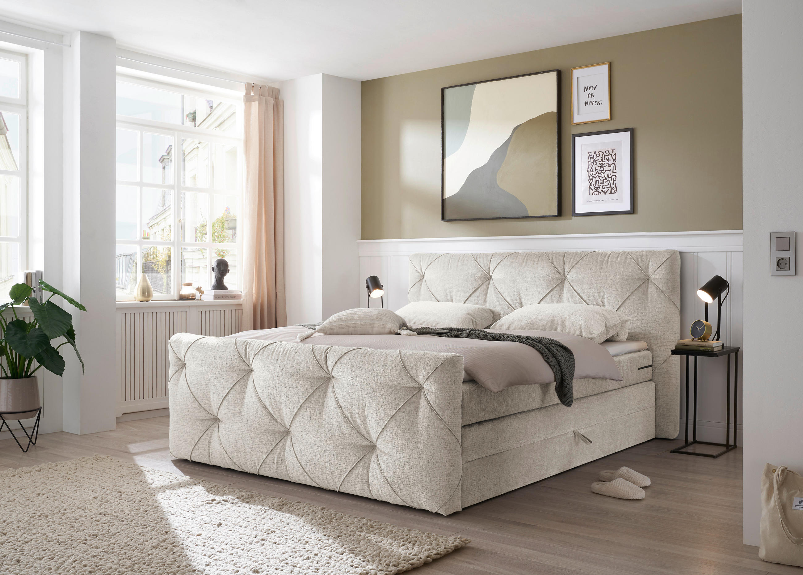 BOXSPRINGBETT 180/200 cm  in Creme  - Creme/Schwarz, Design, Holzwerkstoff/Kunststoff (180/200cm) - Boxxx