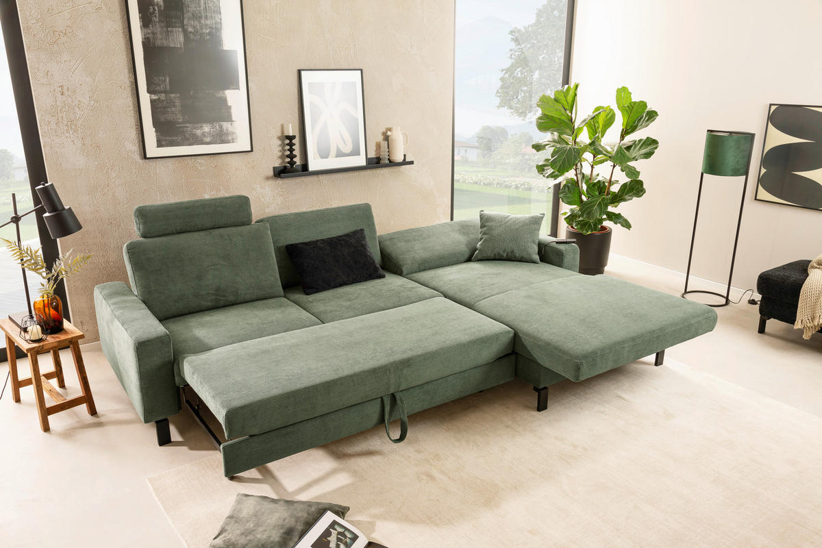 ECKSOFA in Cord Olivgrün  - Schwarz/Olivgrün, Design, Textil/Metall (298/185cm) - Pure Home Lifestyle