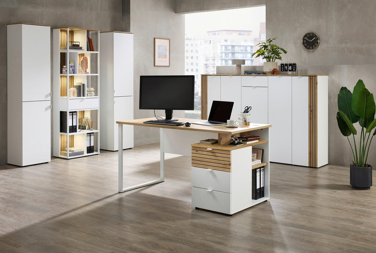 SCHREIBTISCH 150/77/73 cm Weiß, Eiche Artisan Kabeldurchlass, Stauraum  - Weiß/Eiche Artisan, KONVENTIONELL, Holzwerkstoff/Metall (150/77/73cm) - Voleo