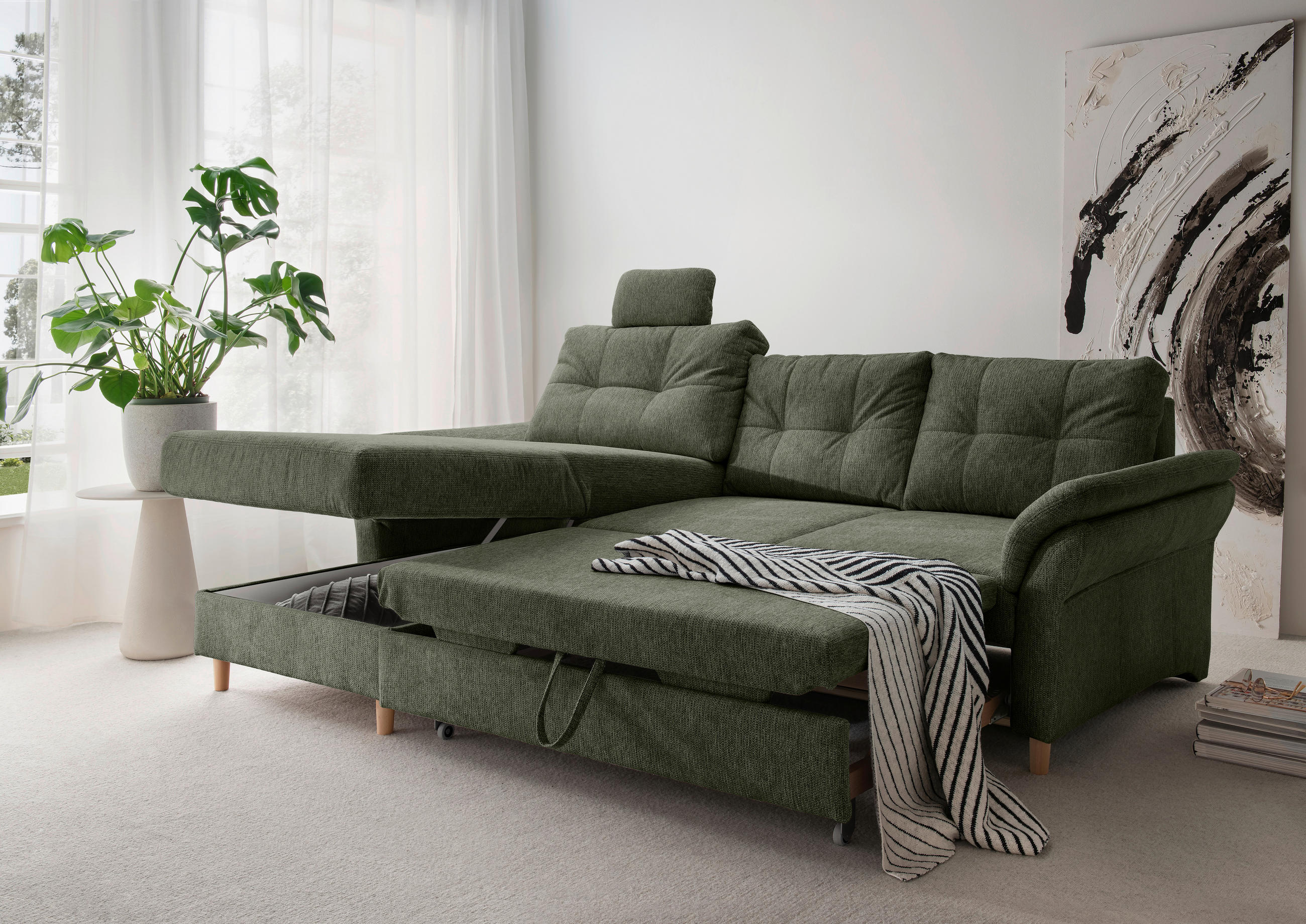 ECKSOFA Dunkelgrün Chenille  - Dunkelgrün/Naturfarben, MODERN, Holz/Textil (176/250cm) - Livetastic