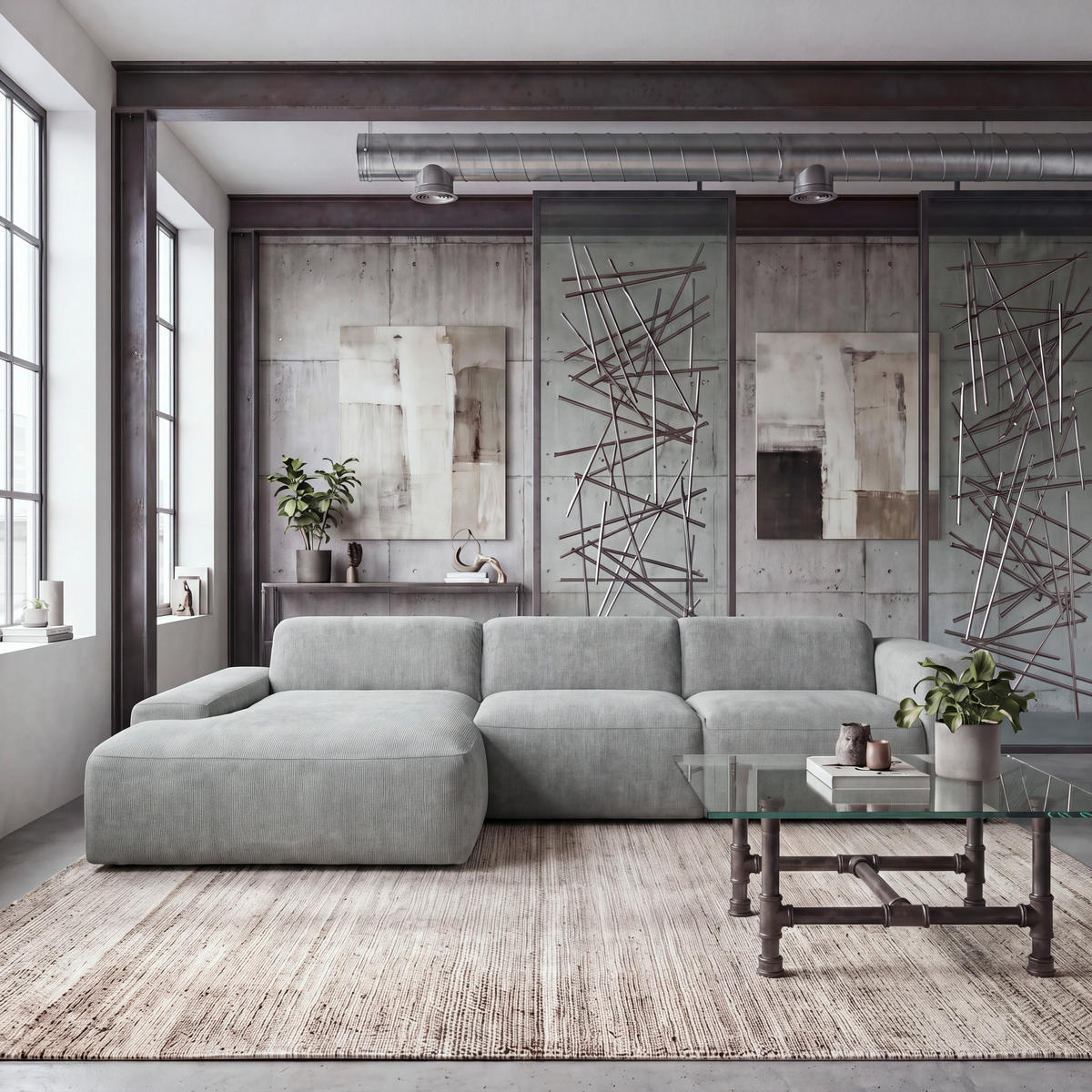 ECKSOFA HANNAH Hellgrau Cord  - Hellgrau/Schwarz, Design, Kunststoff/Textil (170/343cm) - MID.YOU