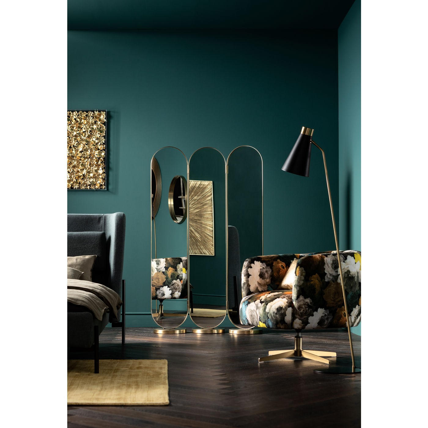 PARAVENT mit 3  Flügel - Goldfarben, Trend, Glas/Metall (106/166/31cm) - Kare-Design