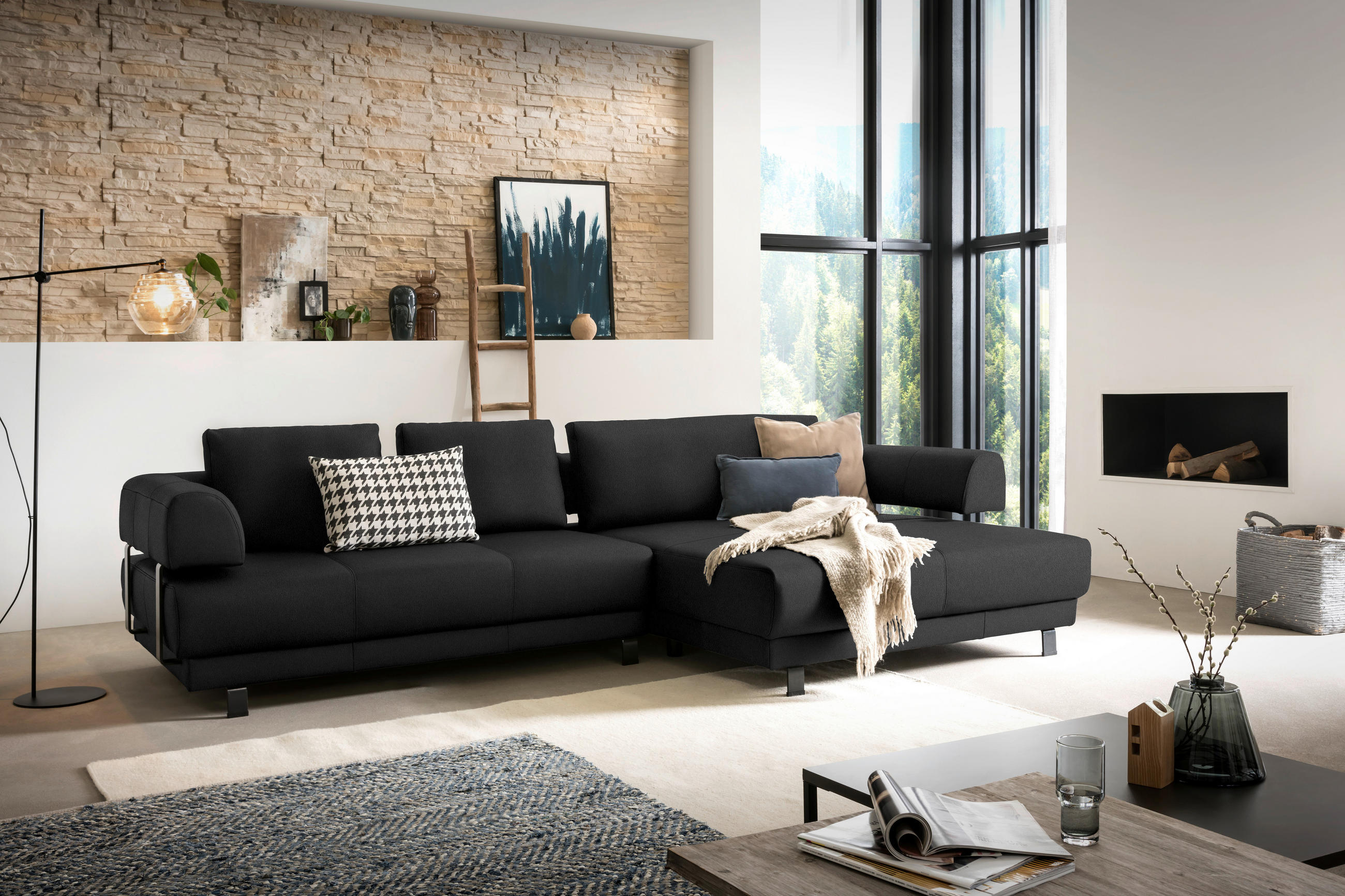 ECKSOFA in Echtleder Schwarz  - Schwarz, Design, Leder/Metall (307/188cm)