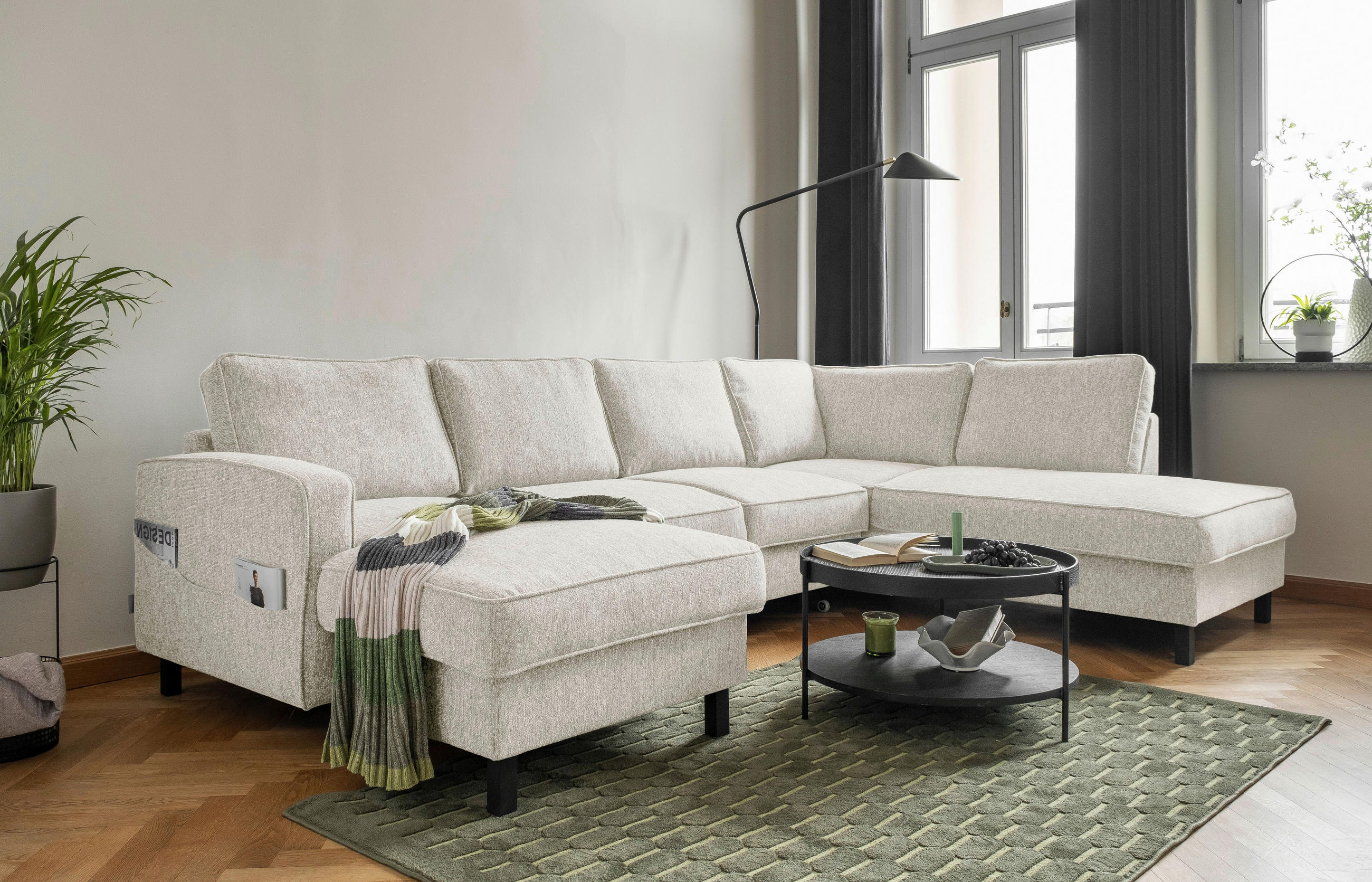 WOHNLANDSCHAFT Beige Struktur  - Beige/Schwarz, Holz/Textil (148/298/198cm) - MID.YOU