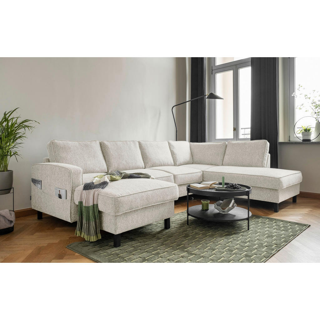 Thumbnail - Mid.you Wohnlandschaft, Beige, Textil, Eiche, 8-Sitzer, Füllung: Schaumstoffflocken, Ottomane rechts, U-Form, 298x198 cm...