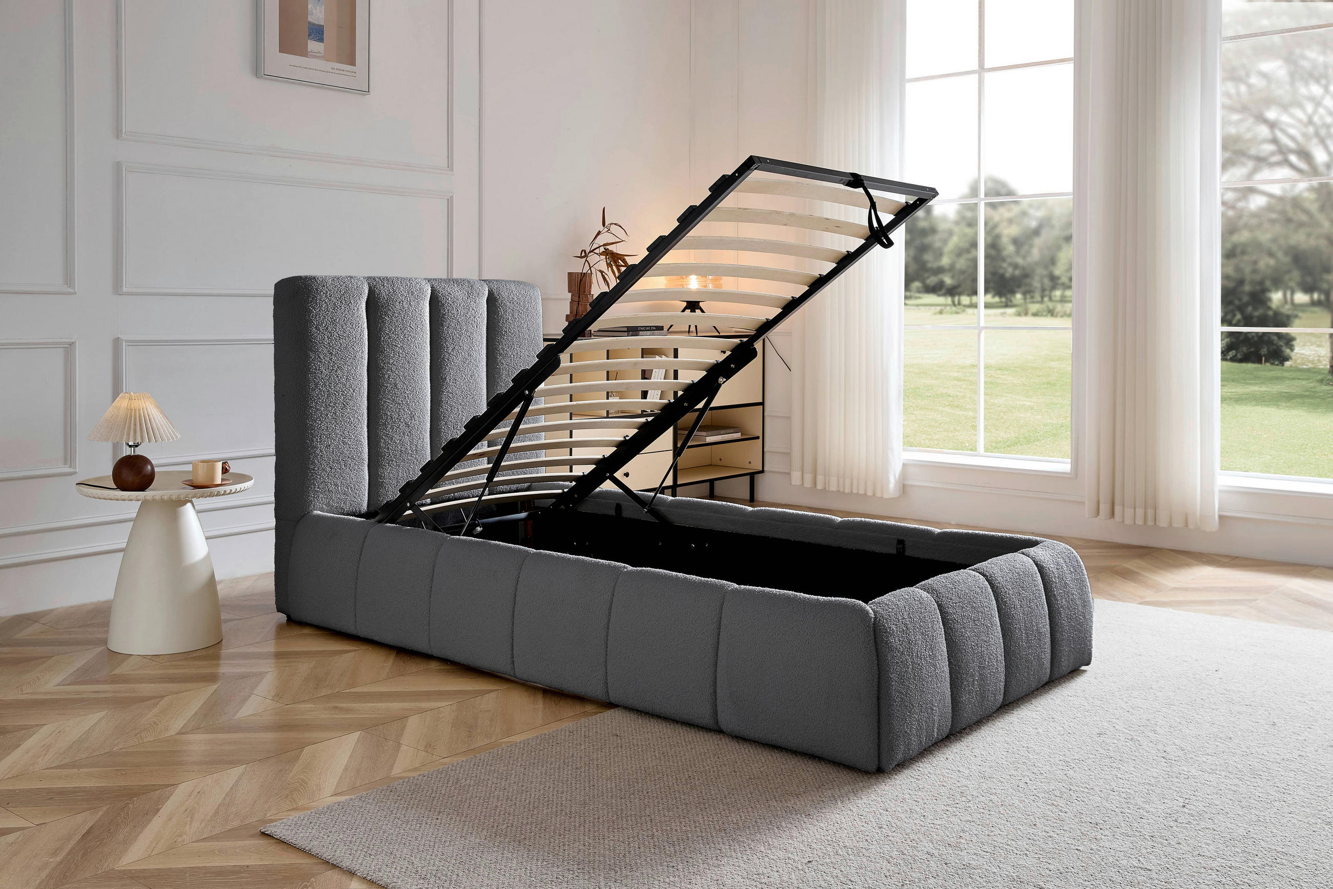 POLSTERBETT gepolstertes Kopfteil, Lattenrost, Bettkasten 90/200 cm  in Grau  - Schwarz/Naturfarben, Design, Holz/Kunststoff (90/200cm) - Boxxx