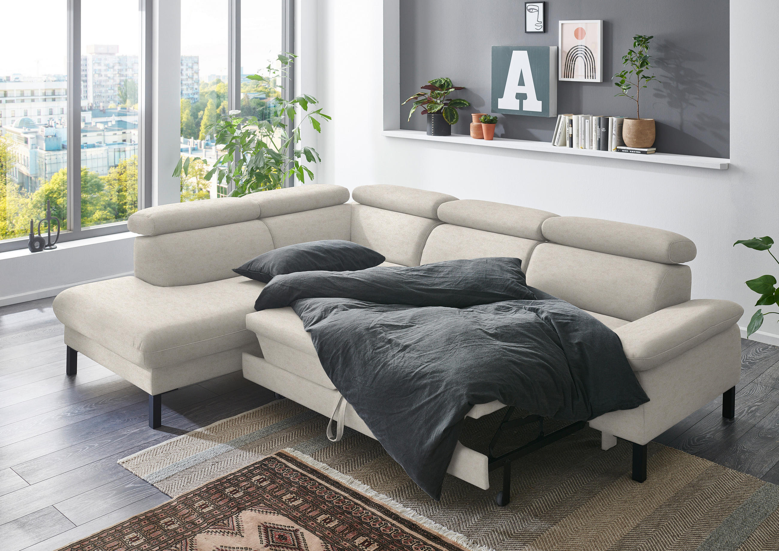 ECKSOFA in Flachgewebe Beige  - Beige/Schwarz, Design, Holzwerkstoff/Textil (217/272cm) - Pure Home Comfort