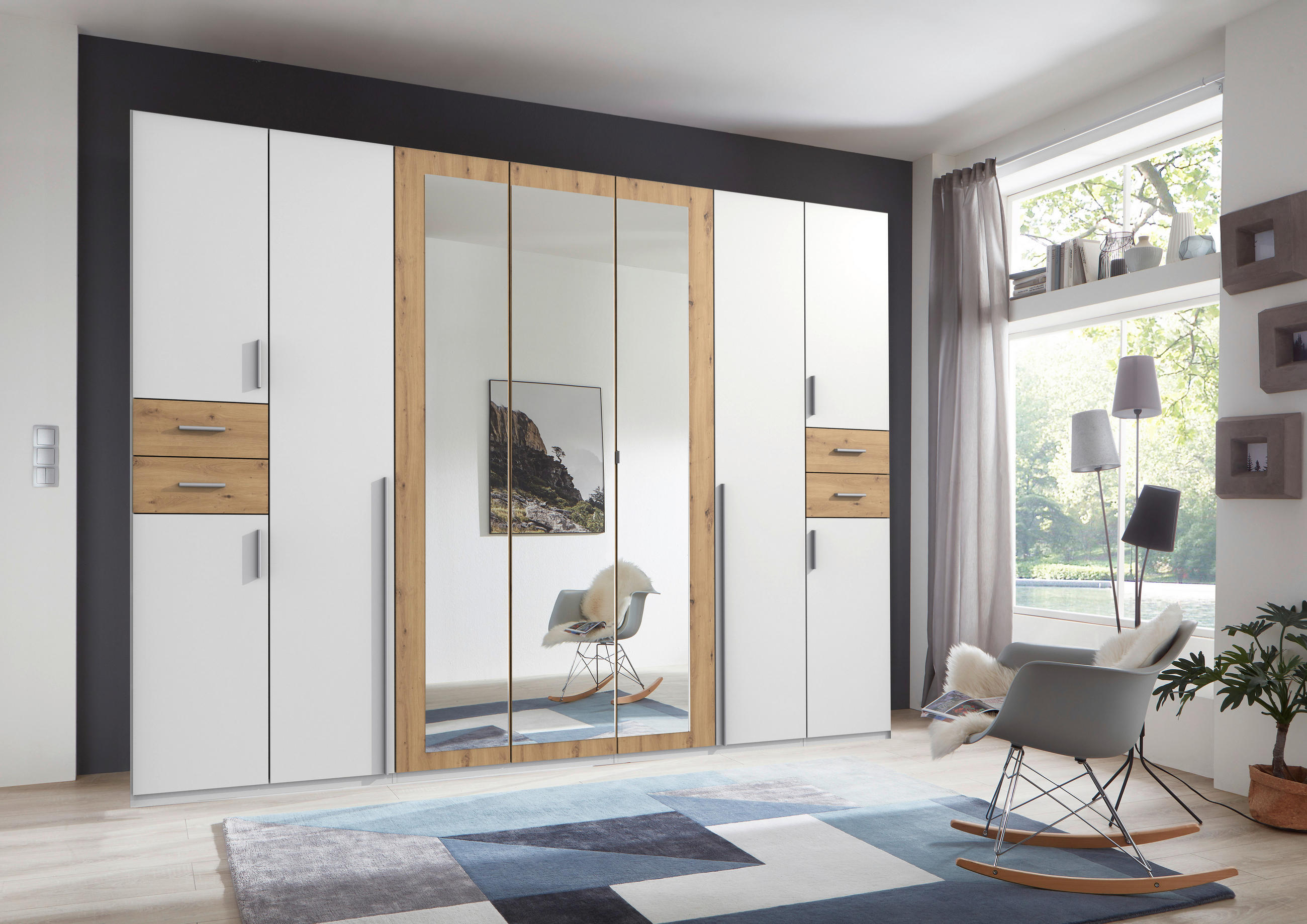 DREHTÜRENSCHRANK in Weiß, Eiche Artisan - Silberfarben/Weiß, Basics, Holzwerkstoff (313/208/58cm) - MID.YOU
