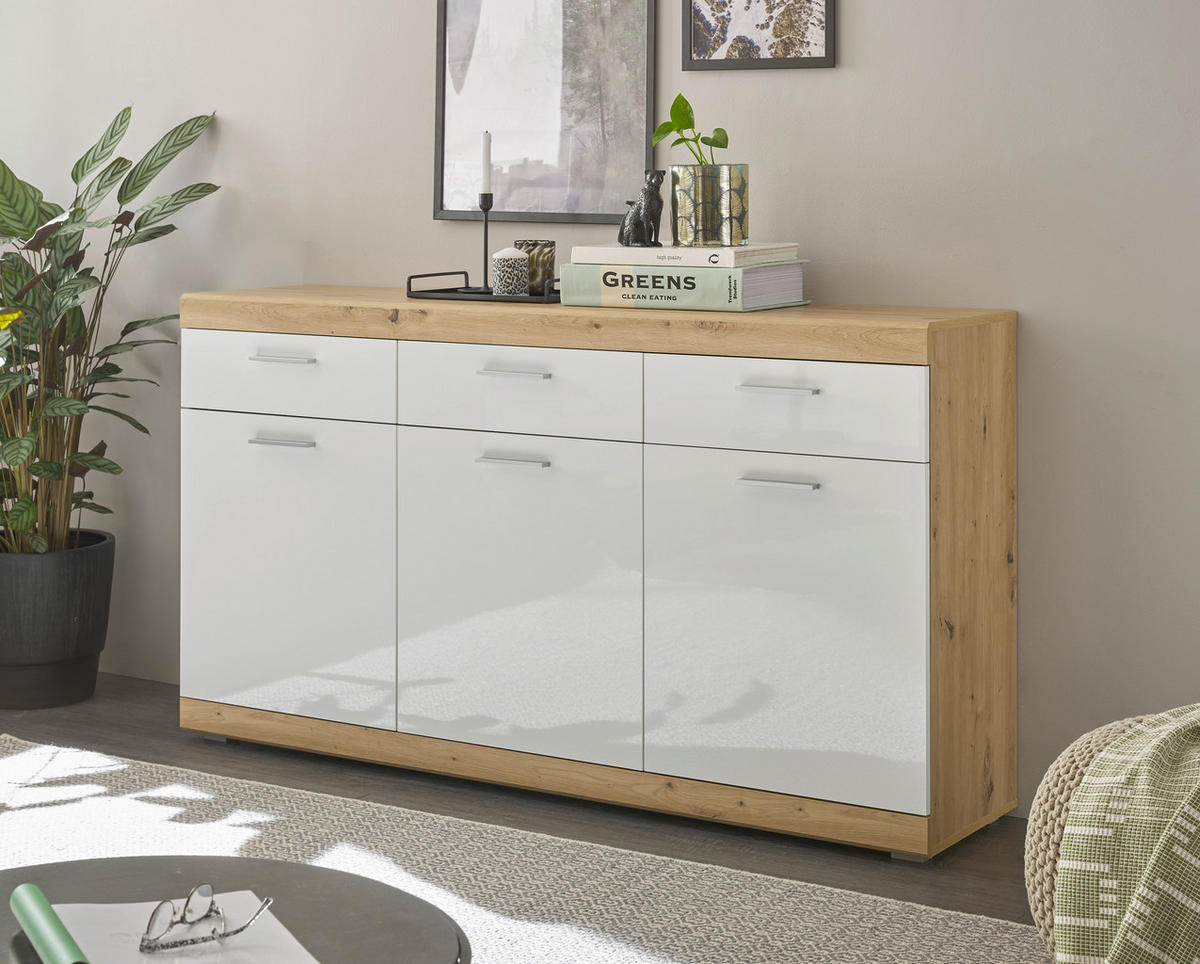 SIDEBOARD  165/91/38 cm 3 Schublade(n)  - Weiss Hochglanz/Silberfarben, Design, Holzwerkstoff/Kunststoff (165/91/38cm) - MID.YOU
