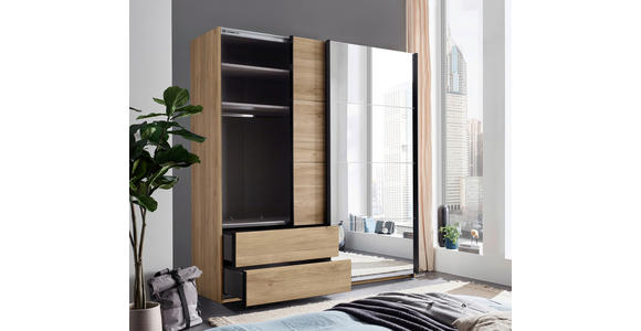 SCHWEBETÜRENSCHRANK 215/225,5/60,5 cm 2-türig Eichefarben  - Eichefarben/Schwarz, MODERN, Glas/Holzwerkstoff (215/225,5/60,5cm) - Xora